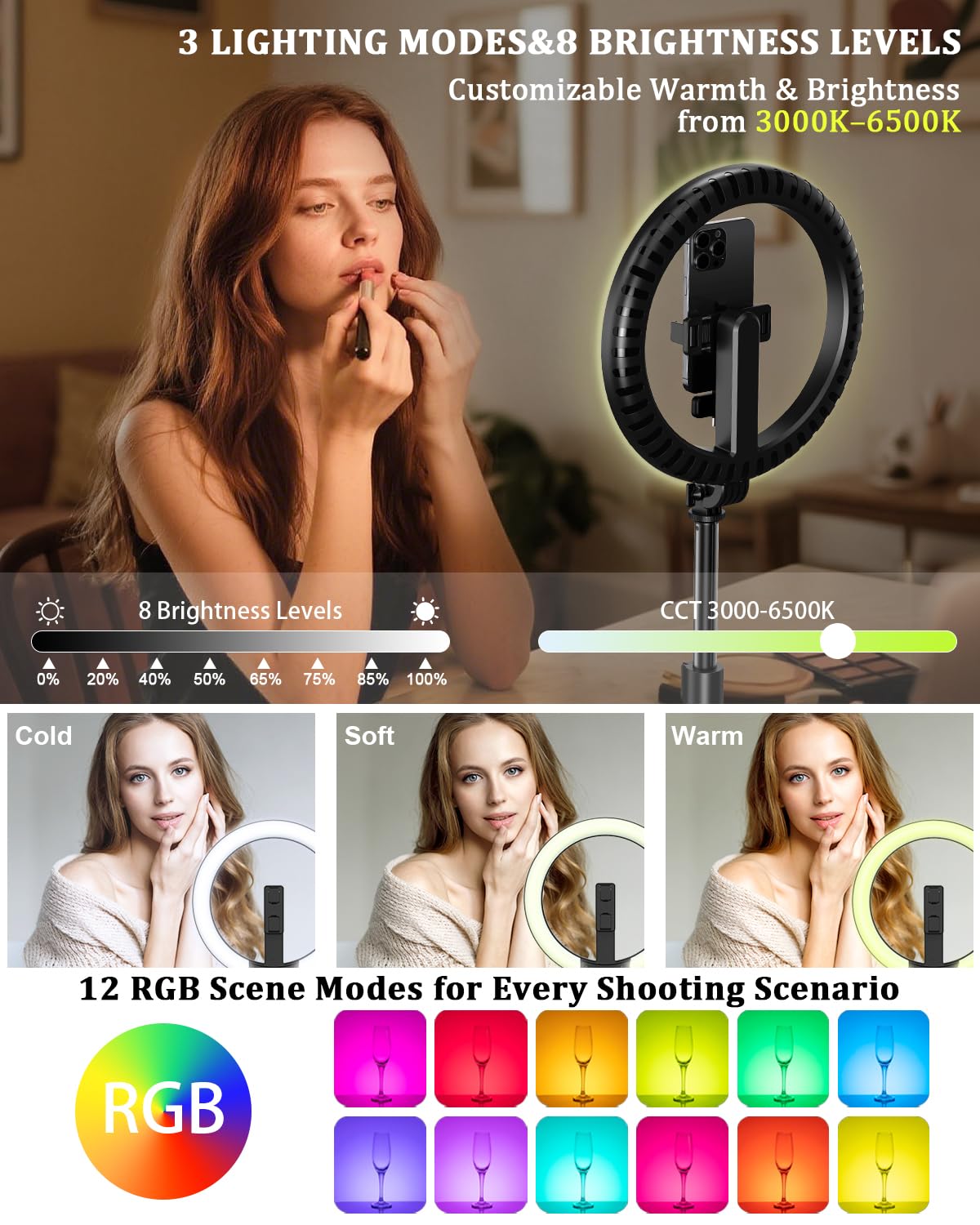 Vlogging Kit for iPhone/Android, 10” Ring Light with Stand, 74” Tripod for iPhone with Light, Microphone, YouTube Starter Kit for TikTok Content Creator: 74"