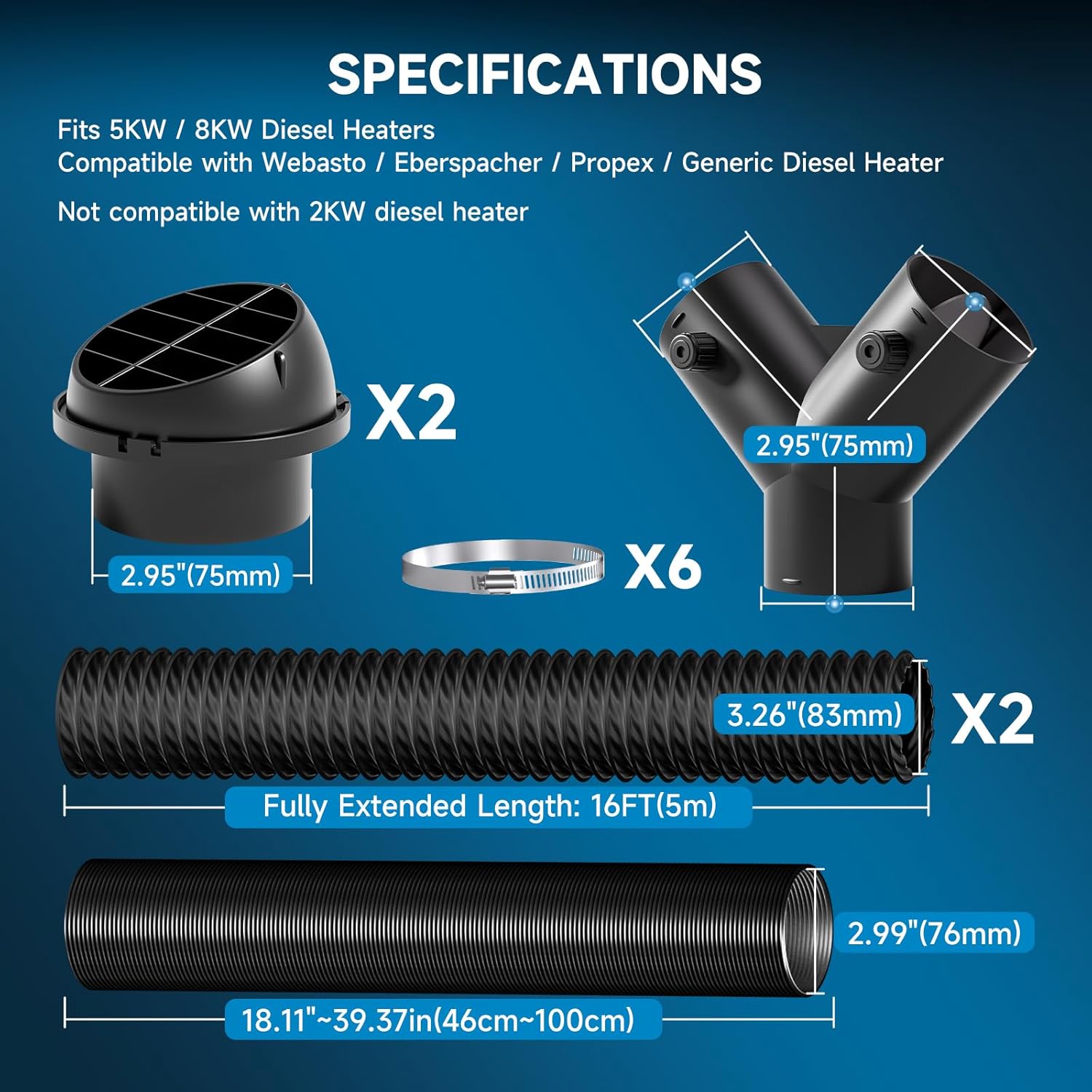 Hon&Guan 3 Inch Diesel Heater Hose Kit, Flexible Nylon Air Vent Set with Adjustable Y Splitter, Two 16FT Ducts, 3FT Outlet Pipe, Air Vents and Clamps for 5KW-8KW Heaters