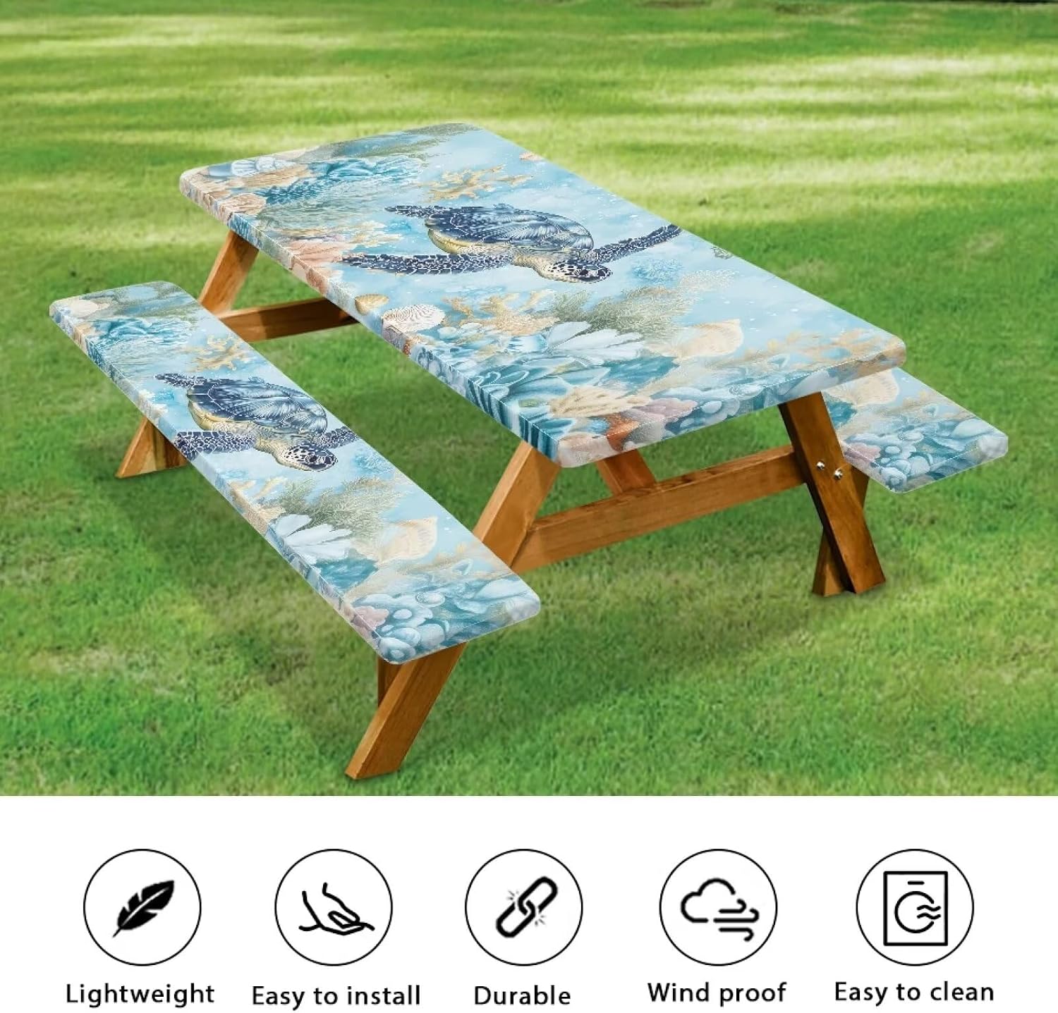 Camping Tablecloth with Picnic Bench Covers Turtle Sea Picnic Table Cover Washable Reusable Polyester Table Cloth for Camping