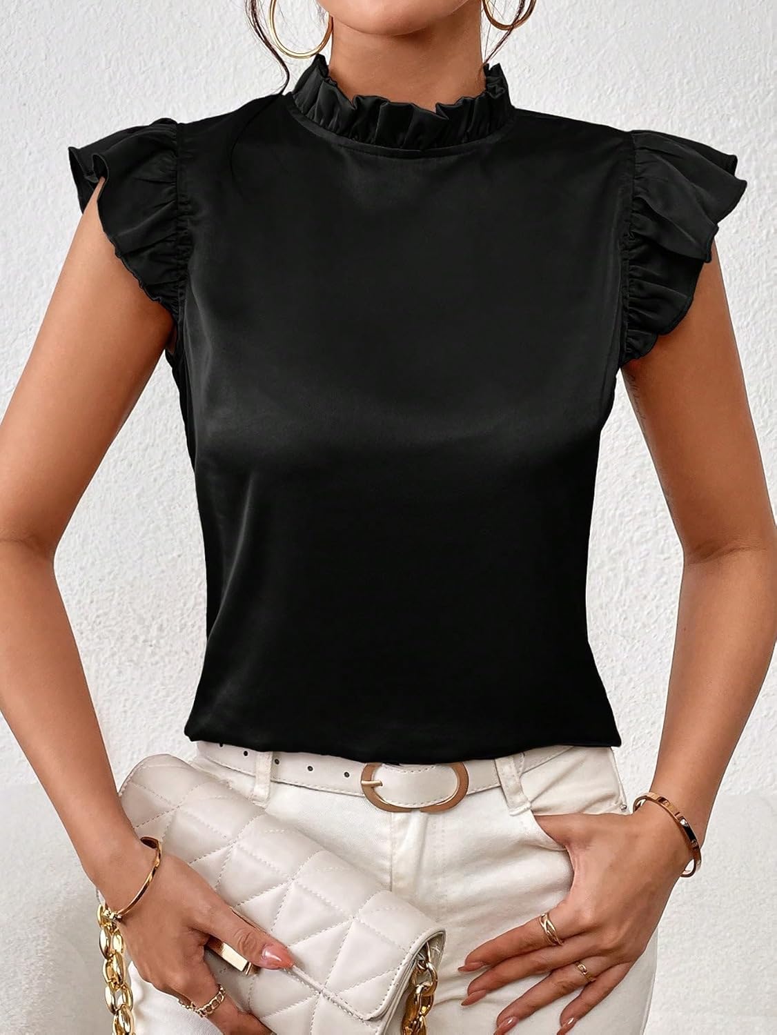 SweatyRocks Women's Elegant Mock Neck Ruffle Trim Tops Butterfly Sleeve Summer Office Blouses - Image 4