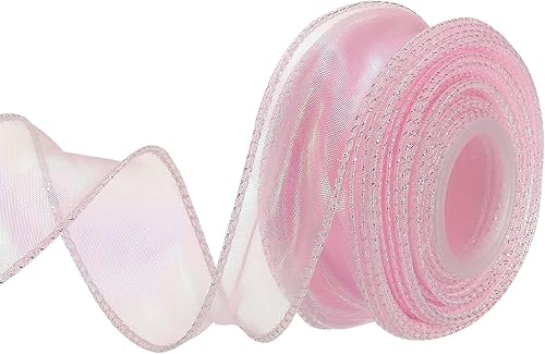 MECCANIXITY Cinta de organza transparente brillante de 1 12 pulgadas de ancho, cintas de gasa iridiscente brillante pastel, 10 yardas, color rosa