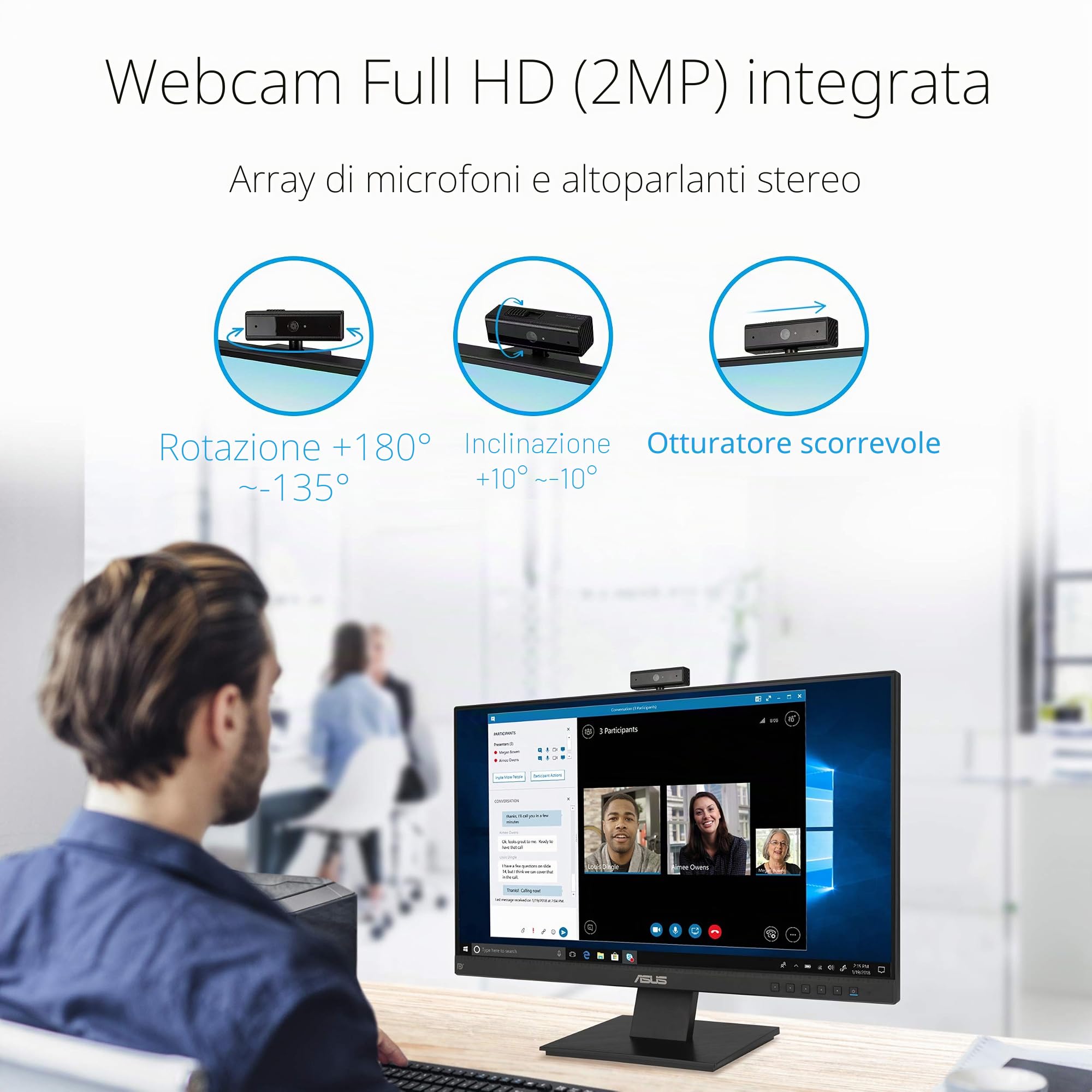 ASUS BE24EQK, Business Monitor da 23,8" IPS Full HD, Nero | Design Senza Cornice, Webcam FHD, Porta per il Microfono e HDMI, Tecnologia Low Blue Light e Anti-Sfarfallio