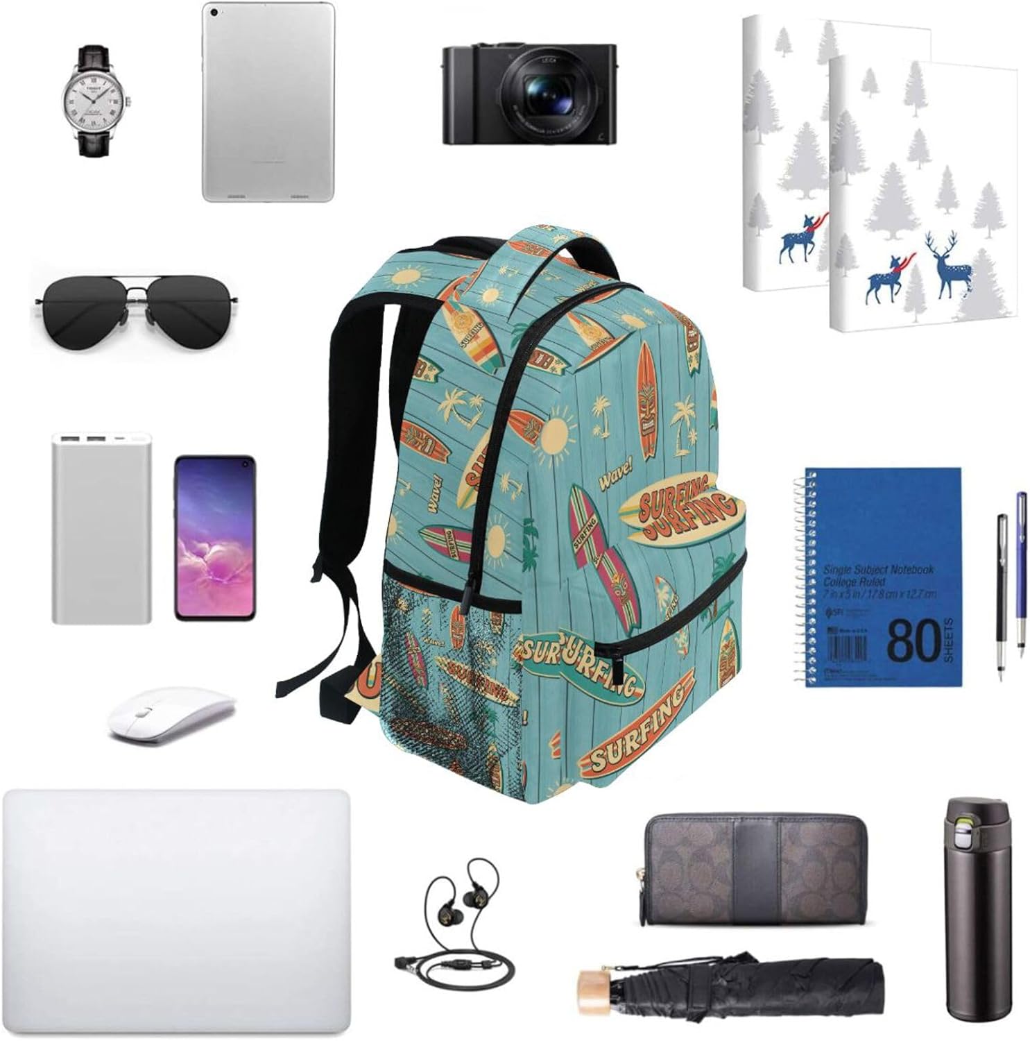 QUGRL Surfing Theme Boards School Backpack for Girls Boys Summer Large Bookbag Laptop Computer Bag Casual Hiking Travel Daypack Backpack Schoolbag for Teens College 16 Inch