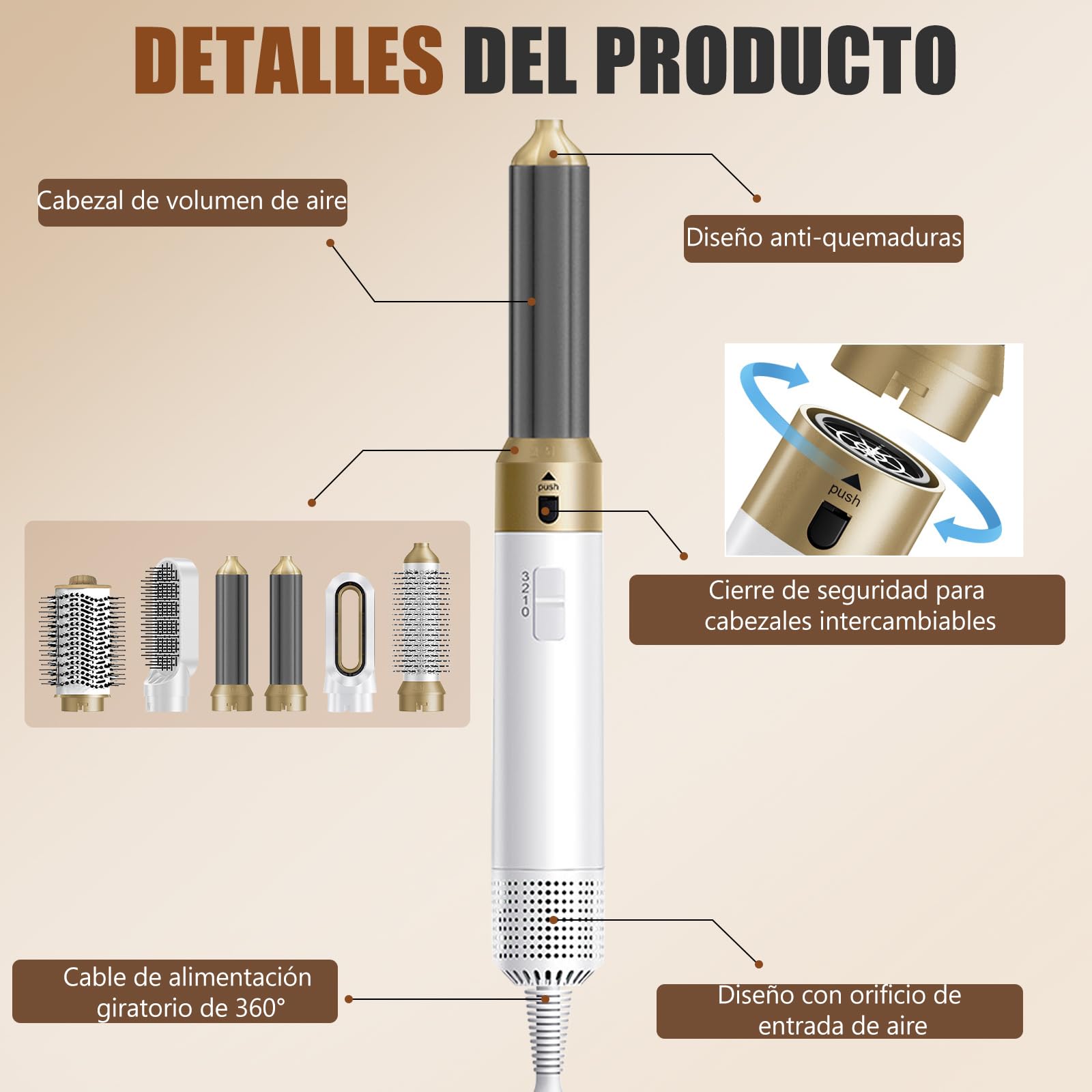 6 en 1 Cepillo Secador de Pelo,Air - Styler- Brush 1000W,Cepillo de Aire Caliente Set, Elimina El Frizz, 3 Temperaturas, cepillo electrico Pelo, cepillo Alisador, Rizador, Voluminizador (Blanco)