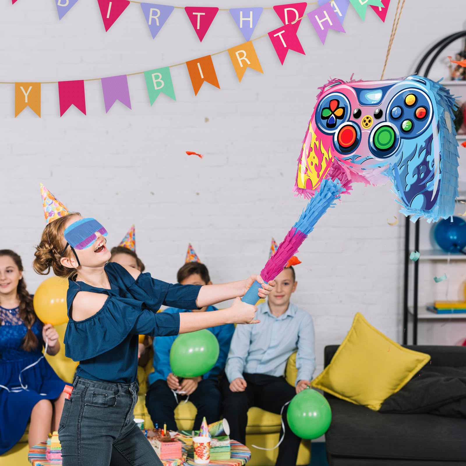 Piñata con palo para los ojos vendados y confeti, piñata de videojuegos para decoración de fiestas de cumpleaños, suministros de fiesta, 16 pulgadas