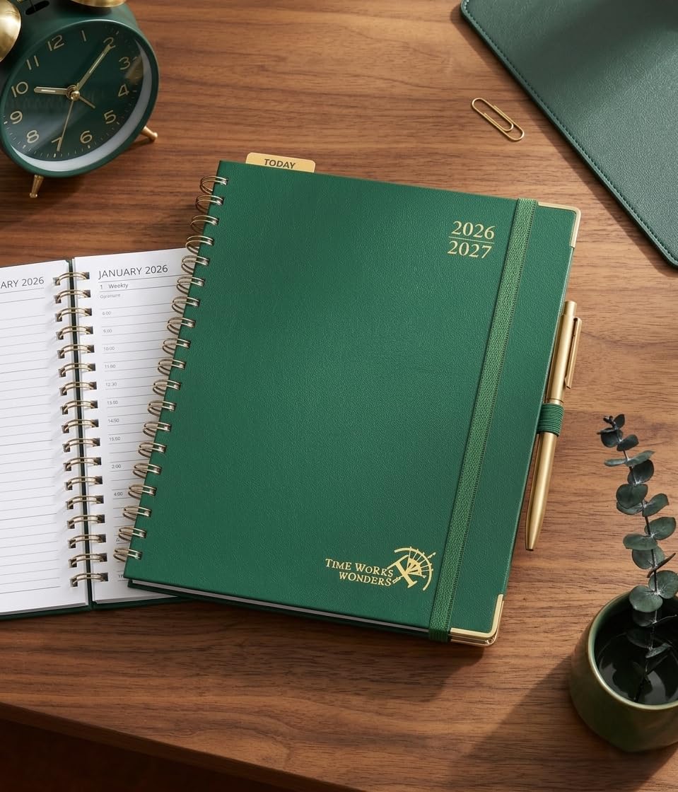 POPRUN Agenda settimanale 2026-2027, 25,4 x 20,3 cm, calendario settimanale e mensile | Agenda giornaliera da luglio 2026 a giugno 2027, con calendario orario, schede, copertina rigida, verde scuro