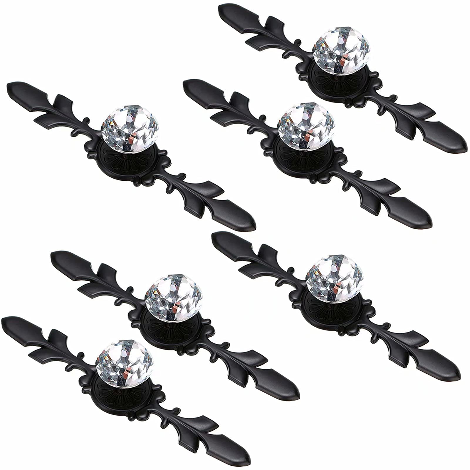Frolahouse 6 Pcs Drawer Dresser Knobs Pull Handles - Crystal Glass Diamond Decorative Knobs with Black Plate (Length: 170mm), Cabinet Cupboard Door Knobs with Screws