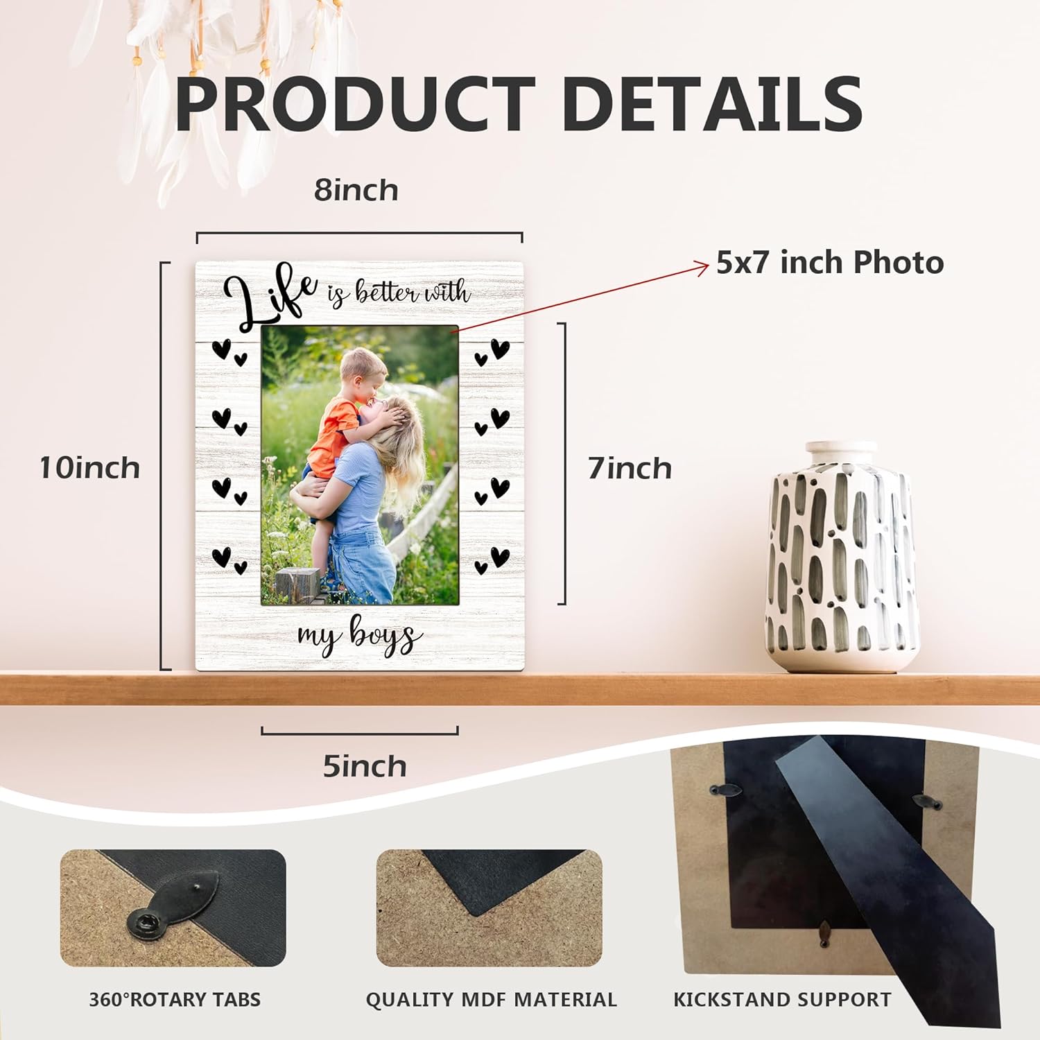 Mom Boy Picture Frame 5x7, Boy Mother Gifts Photo Frame, Christmas Mothers Day Birthday Gifts for Mom from Son, Life is Better with My Boys Wooden Picture Photo Frames for Desk Home Room Decor - Image 7