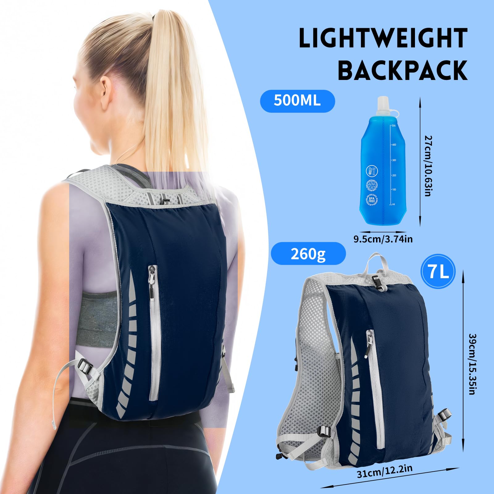 Expansea Zaino da Corsa 7L, Super Leggero Zaino Uomo & Donna, Tasche Multiple, Running Vest With Borraccia Morbida 500ml per Ciclismo, Maratona,Corsa, Arrampicata e Altri Sport All'Aria Aperta