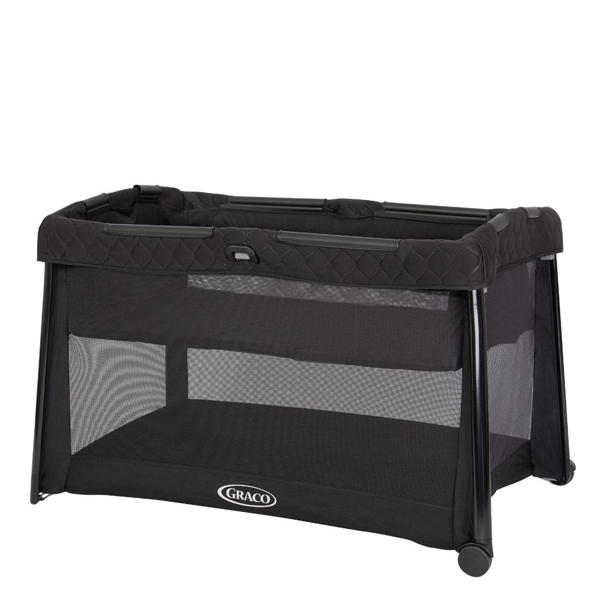 Graco FoldLite LX Unique Travel Cot with Bassinet Folds Down Super Small, Birth to Approx. 3 Years, Midnight Fashion