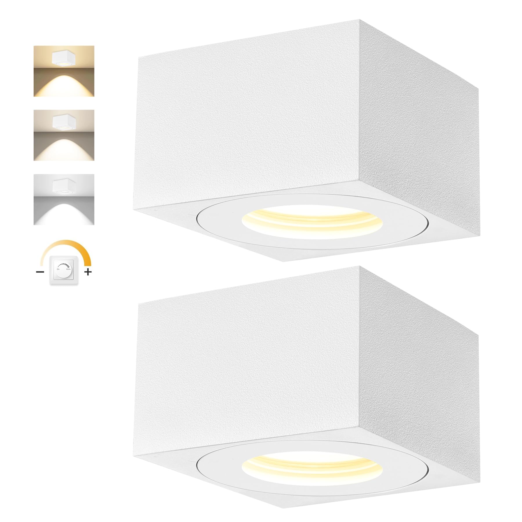 2x Spots de plafond Blanc, Carré, Dimmable, IP44 salle de bain, Spot plafonnier plat Ø80x50mm, Comprend module LED remplaçable de 5W 550LM, 3CCT 3000K/4000K/6500K aluminium Spot LED en Saillie
