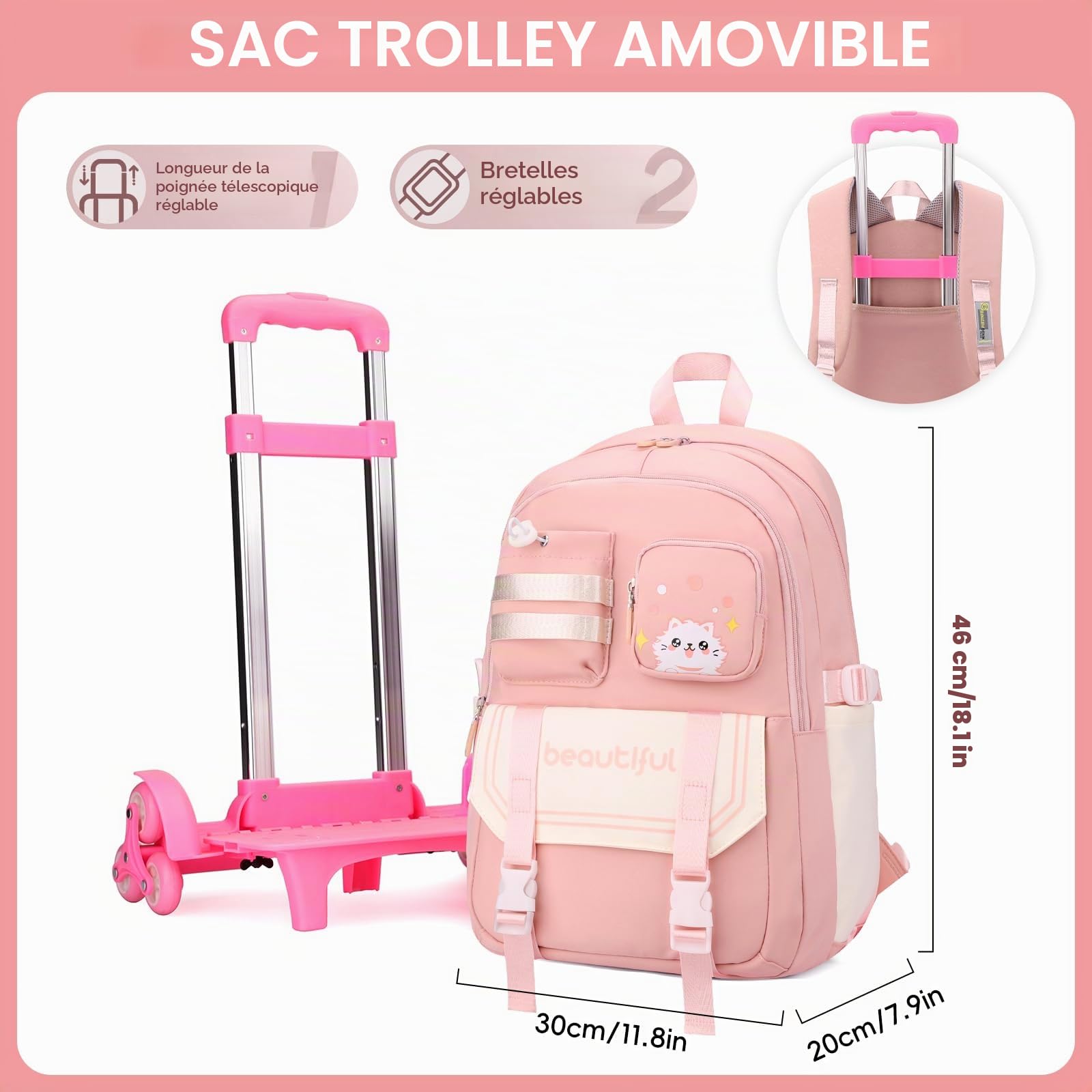 Amythe Cartable à Roulettes pour Filles 9 à 16 ans, 6 Roues 28L Rose