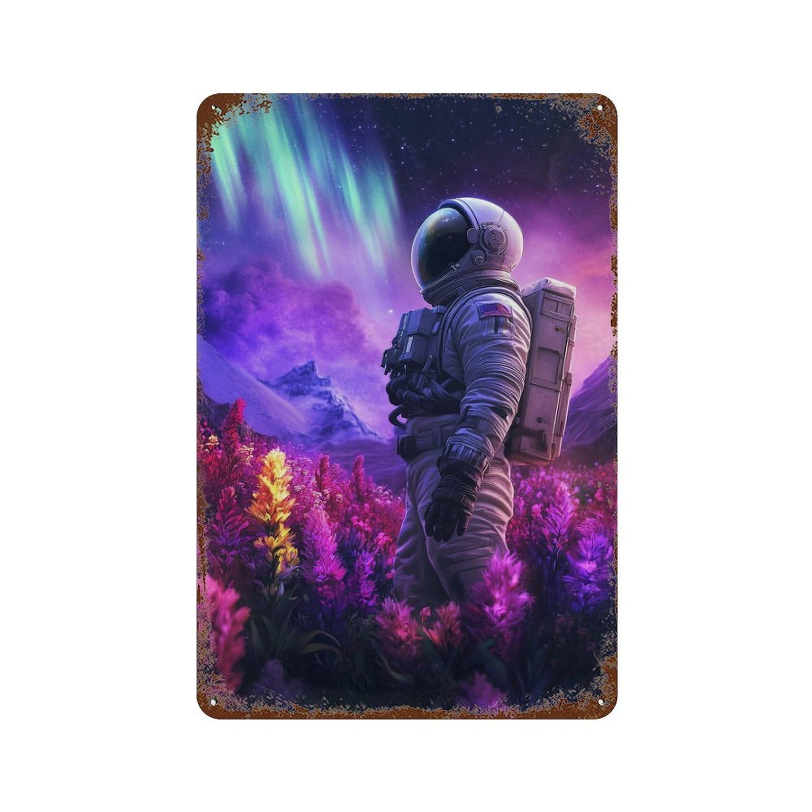 Astronaut in Colorful Field Distressed Metal Wall Sign 11.8"x7.9", for Basement, Hobby Room And Garage Decor, Shabby Chic Decor
