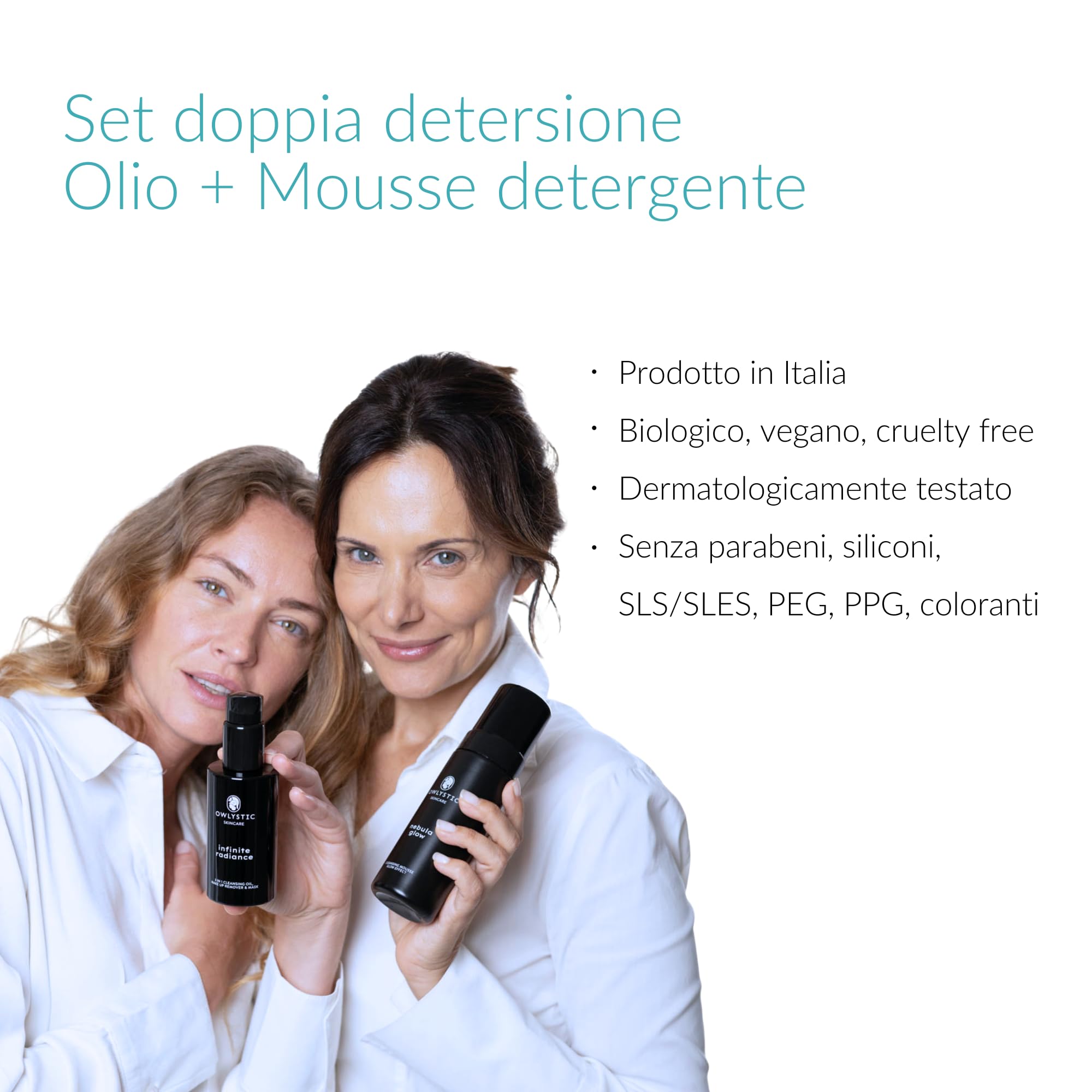OWLYSTIC Set de Aceite y Mousse Limpiador Facial para Pieles Sensibles - BIO Vegano 100% MADE IN ITALY - Aceite Facial 3 en 1 con Vitamina E y Aceites Preciosos + Mousse Limpiador Desmaquillante