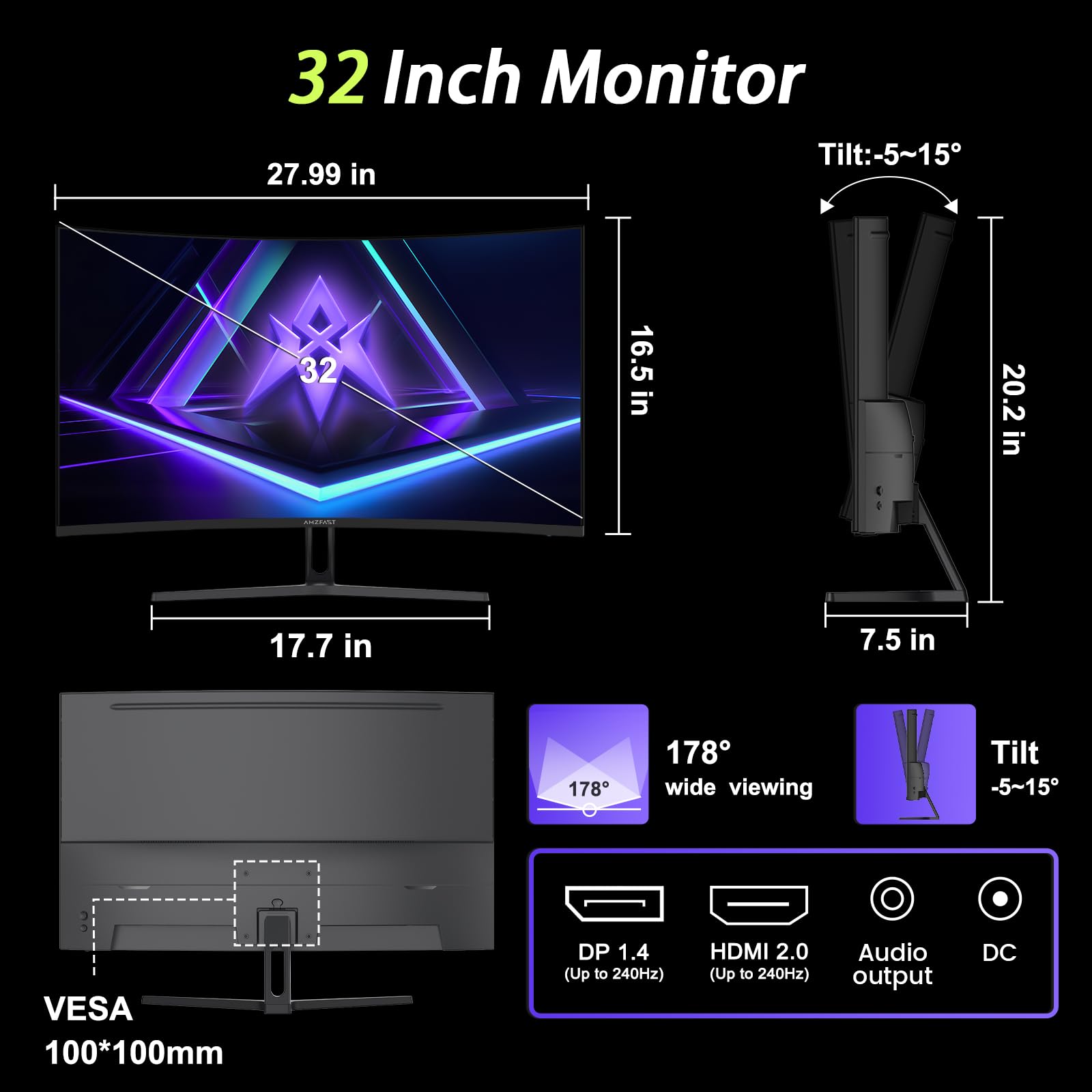 Amzfast 32 Inch Curved Gaming Monitor - 240Hz, Full HD 1920x1080P, 1ms MPRT, Adaptive-Sync, 3500:1 Contrast, DCI-P3 90%, sRGB 125%, HDR, VA 1500R, VESA 100x100MM, HDMI2.0&DP1.4 - AMZG32C1F — view 9