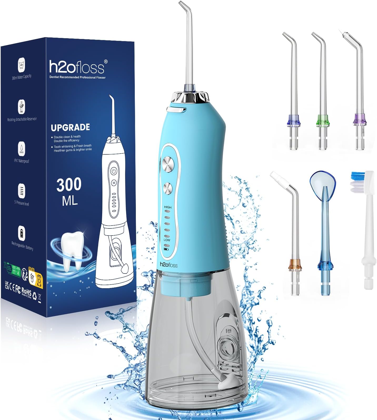 H2ofloss Water Dental Flosser Teeth Cleaner Pick, Cordless Portable Oral Irrigator,5 Mode IPX7 Waterproof Teeth Picks 300ML Rechargeable WaterFlosser for Teeth Cleaning Sky Blue