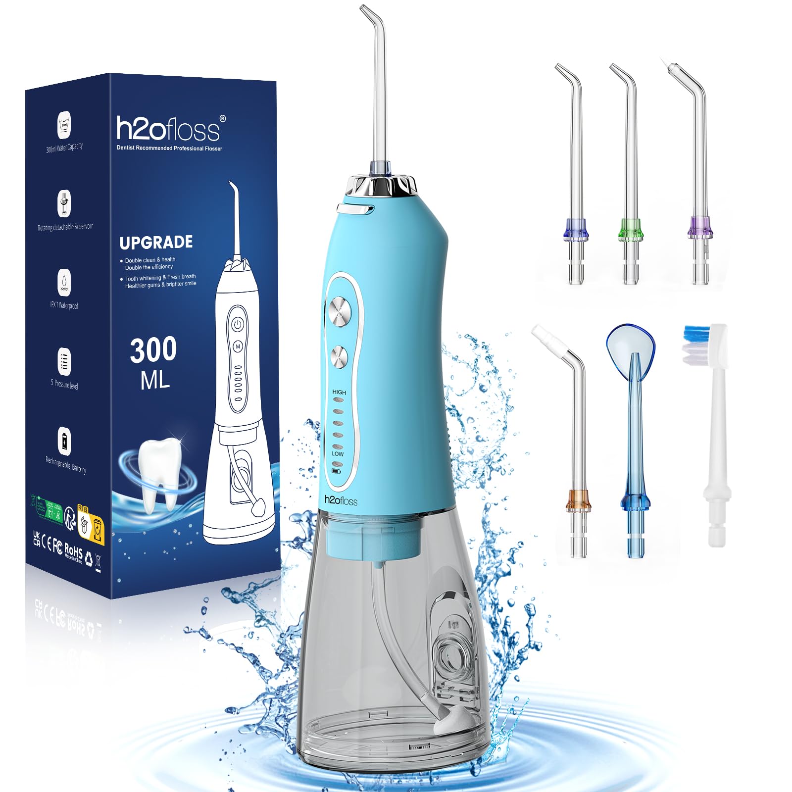 H2ofloss Water Dental Flosser Teeth Cleaner Pick, Cordless Portable Oral Irrigator,5 Mode IPX7 Waterproof Teeth Picks 300ML Rechargeable WaterFlosser for Teeth Cleaning Sky Blue