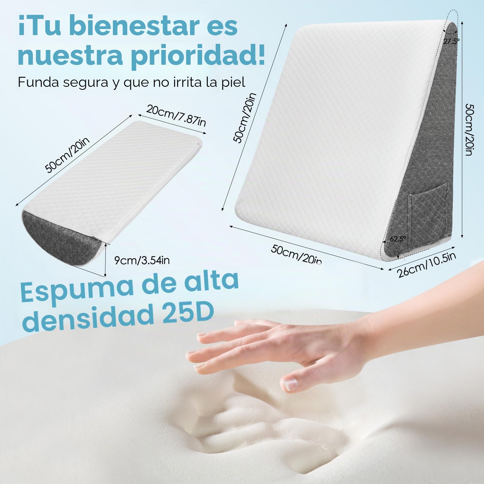 Cojín en cuña para cama, cojín antirreflujo para adultos con soporte para la espalda, ergonómico cojín triangular para el apoyo de la espalda, piernas y rodillas (espuma de alta densidad)