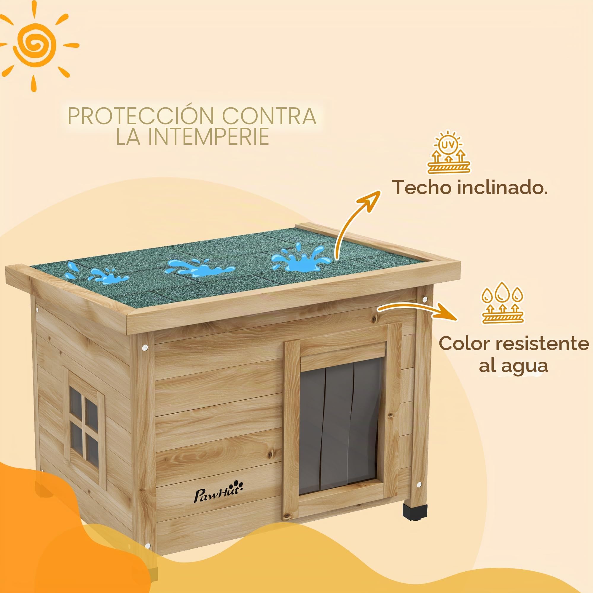 PawHut Casa Madera Gatos Exterior Invernal 57x45x43cm Amarillo