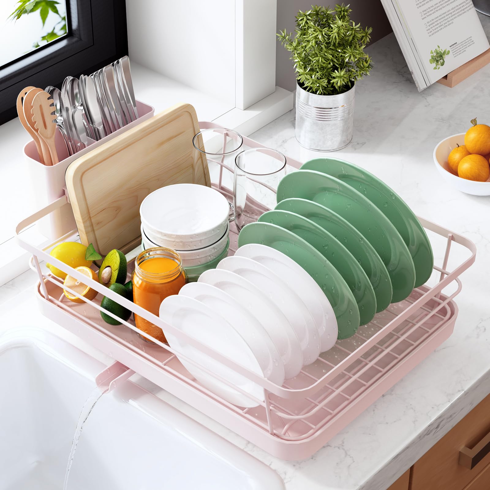 Kitsure Escurridor de platos, ahorro de espacio, estante para platos para encimera de cocina, estante de secado de cocina de acero inoxidable con un soporte para cubiertos, 12 pulgadas de ancho x 15