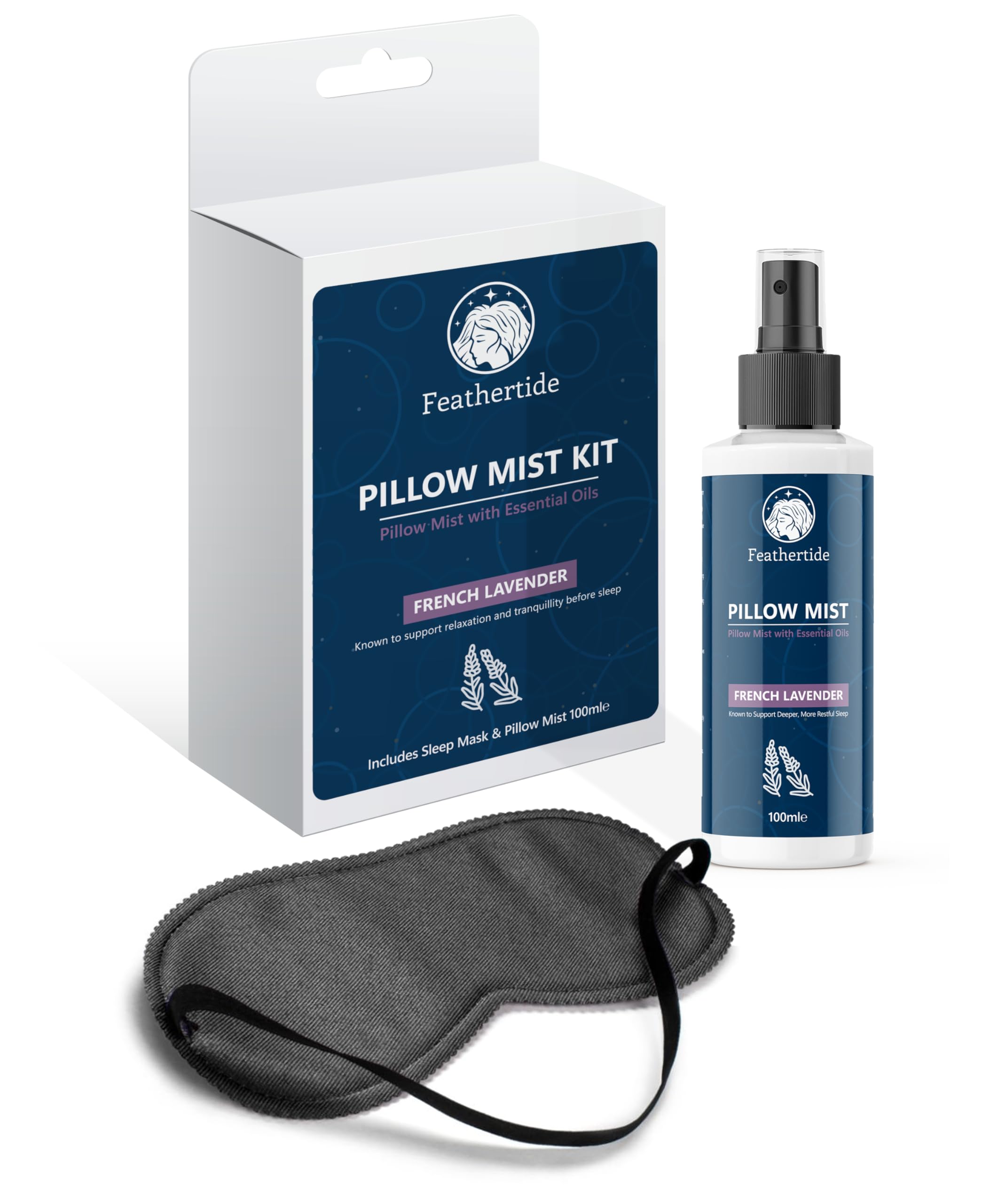 FeatherTide - Lavender Pillow Spray with Mask, 100ml - Relaxation Mist with Comfortable Sleep Mask, Calming Essential Oil Spray for Bedtime and Travel