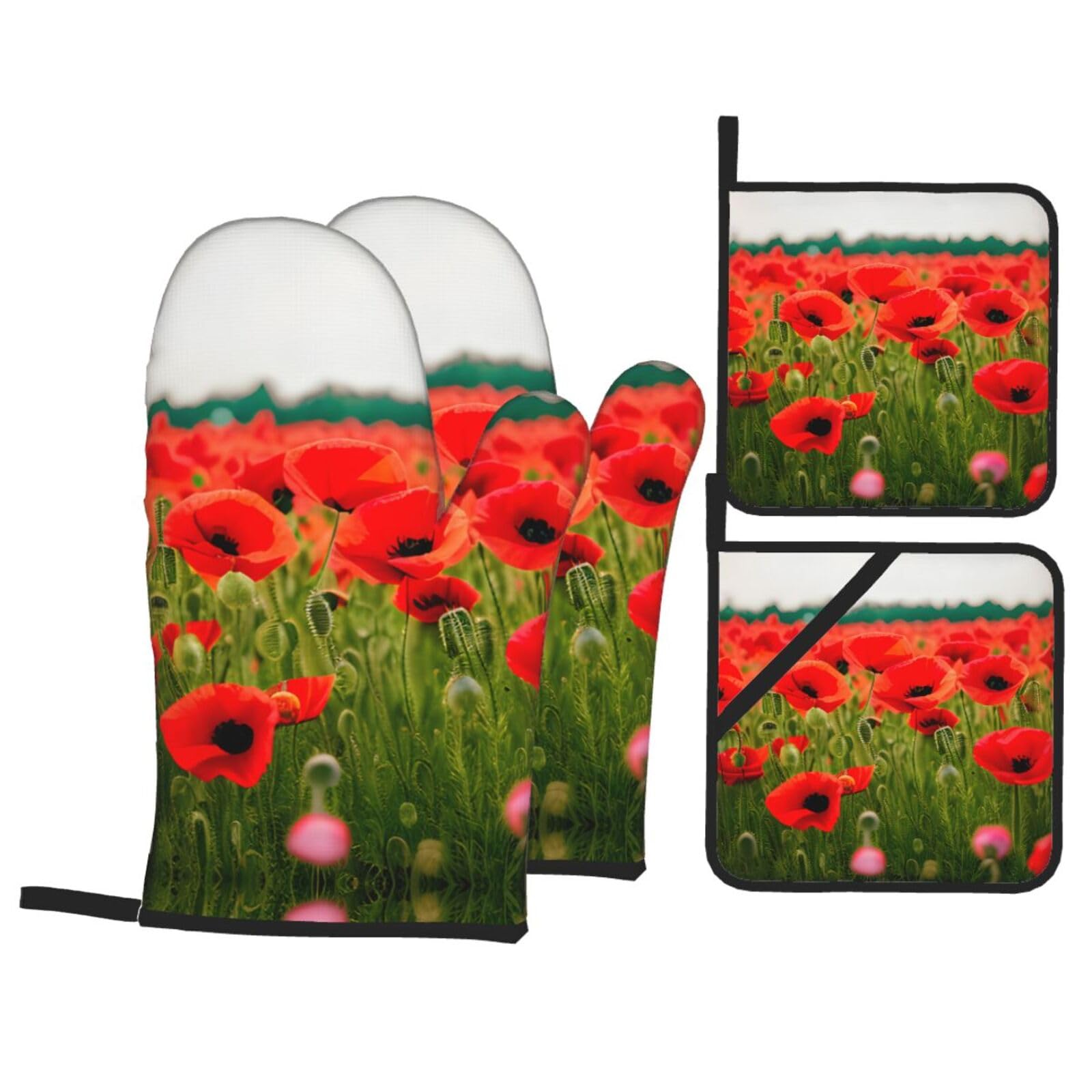 Poppy Flowers Vivid Petals Print Stylish 4-Piece Microwaving Oven Waterproof Kitchen Gloves Baking Holiday Cooking