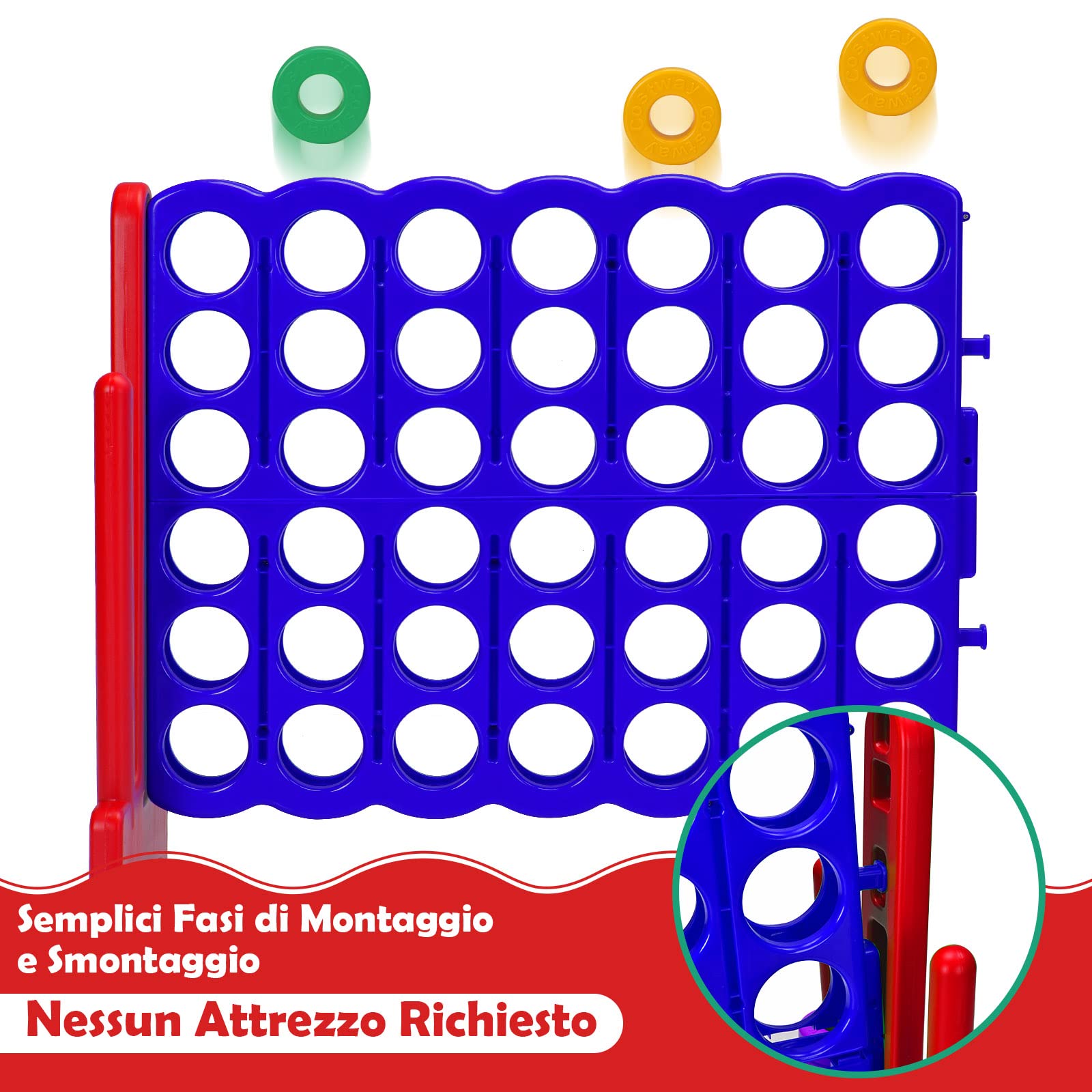 COSTWAY Forza 4 Gigante, Forza Quattro per Bambini con Canestro, Palla, 5 Anelli e 42 Piedine, Giochi Educativi da Esterno ed Interno per Vacanze e Feste, Ideale per Bambini +3 Anni