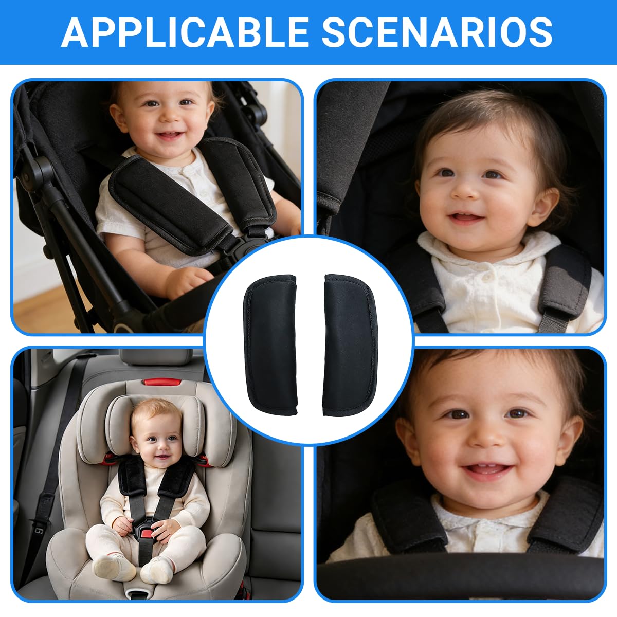 Cinturón de seguridad para bebé, almohadillas suaves para cinturón de seguridad para cochecitos y asientos infantiles, material Oxford transpirable, ajuste universal, negro, juego de 2 — view 6