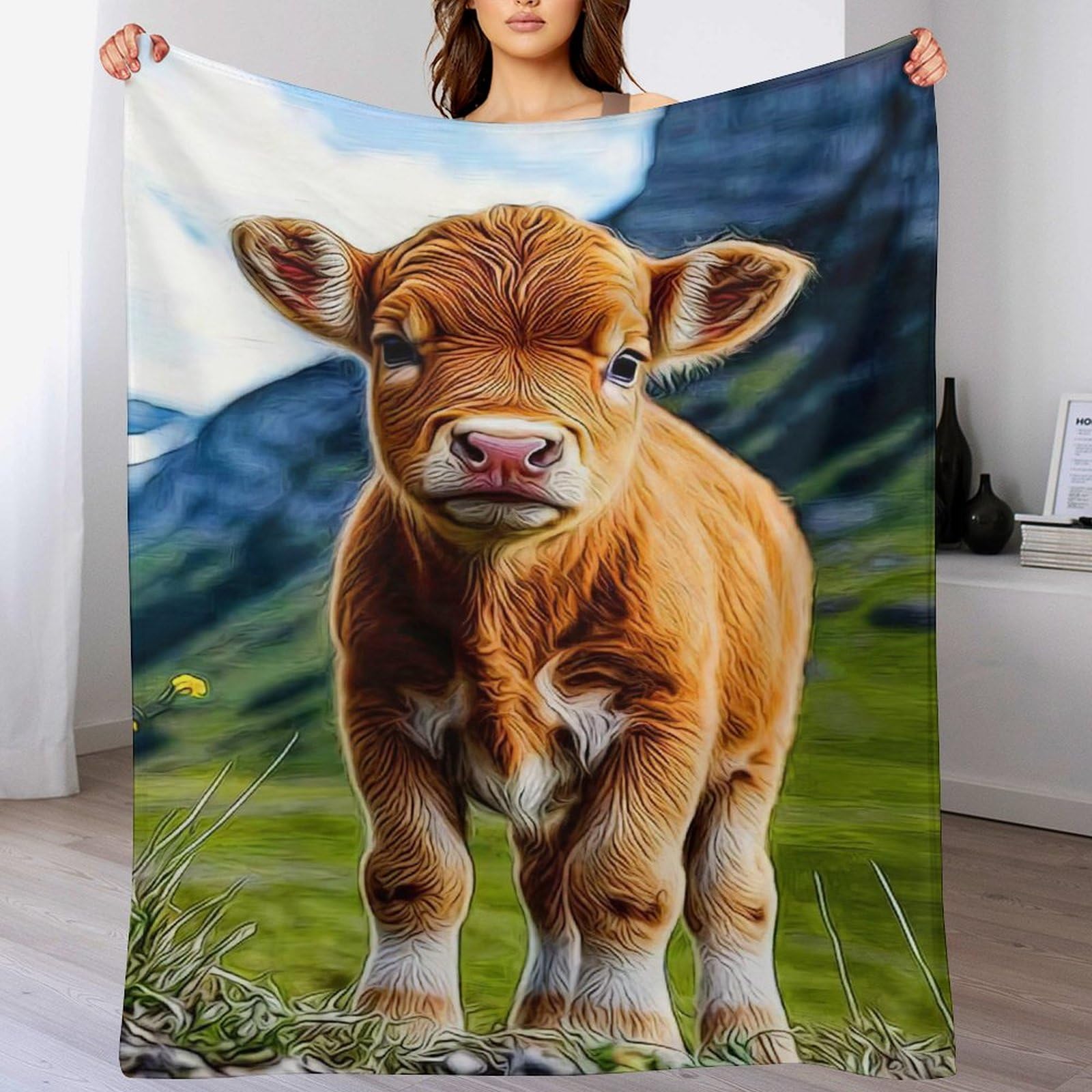 Manta de franela de forro polar con diseño de vaca, textil premium texturizado de 130x150
