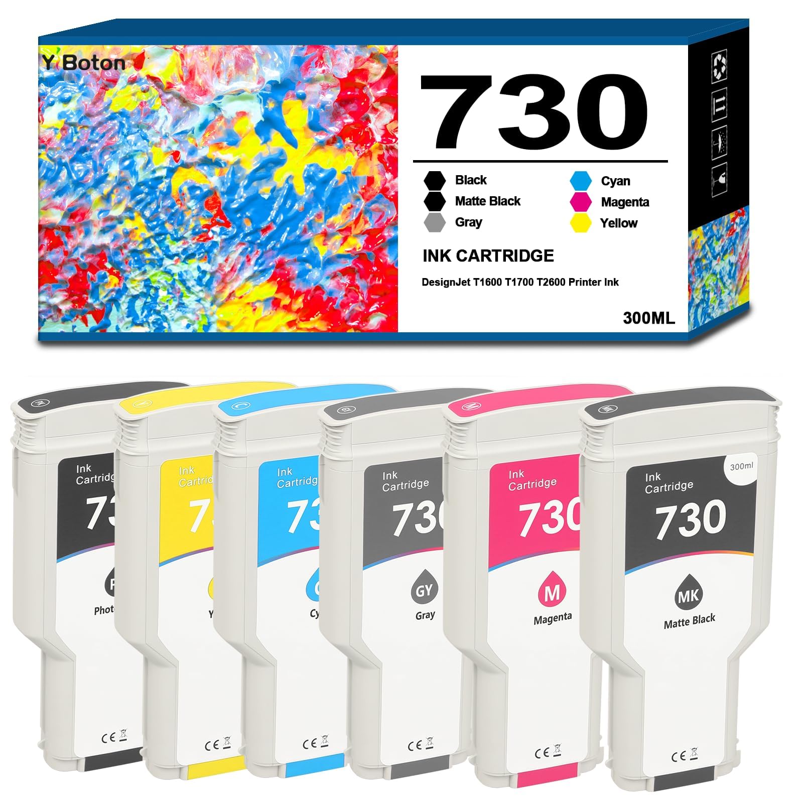 730 Ink Cartridge 6-Pack 300ml with Chip | Replacement for HP DesignJet T1600 T1700 T2600 T1600dr T1700dr T2600d Printers (P2V68A P2V69A P2V70A P2V71A P2V72A P2V73A)