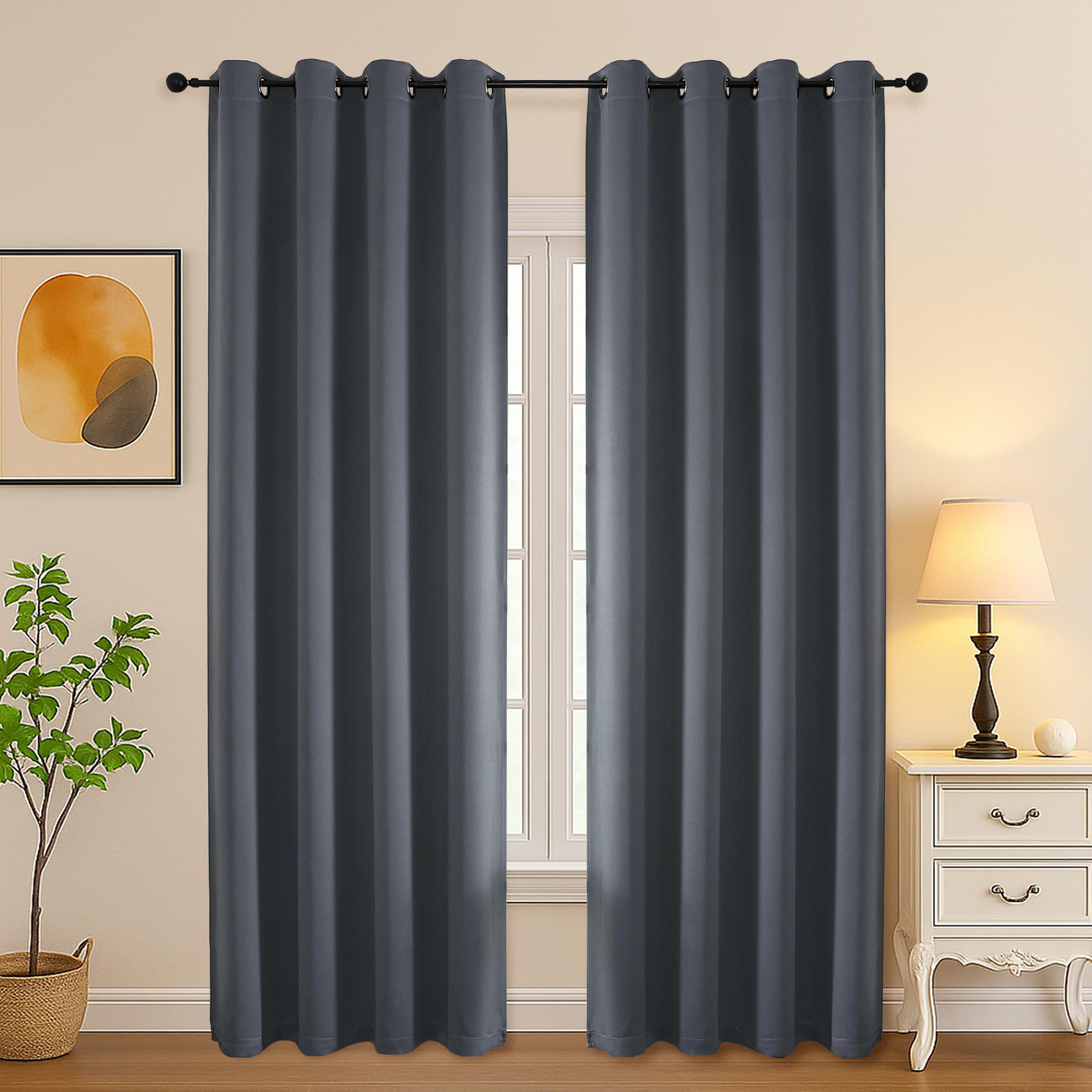 Simplebrand Grey Curtains for Bedroom Living Room 90 Inches Long 2 Panels Set, Room Darkening Thermal Insulated Curtains &amp; Drapes, Solid Grommet Noise Reducing Window Treatment, W50 x L90 Inch
