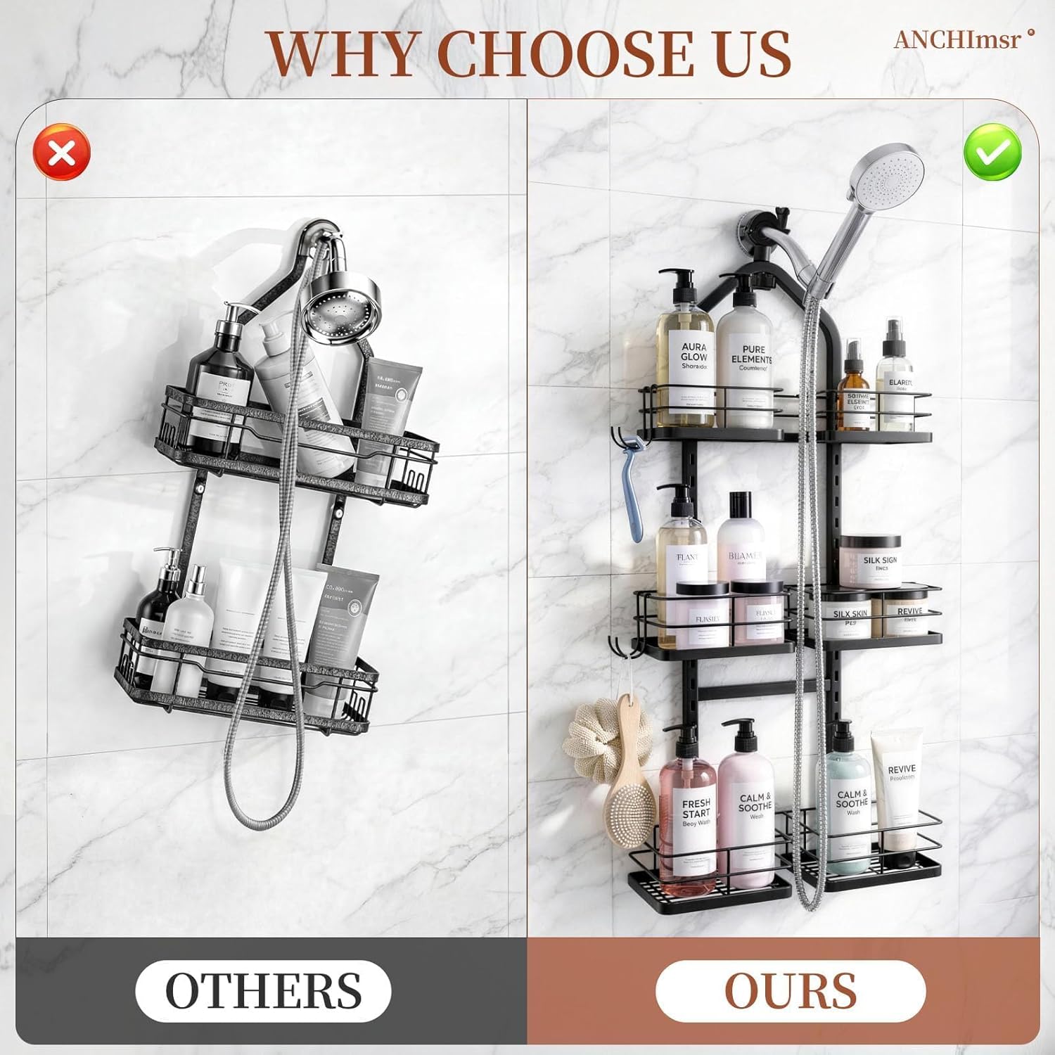 Adjustable Hanging Shower Caddy for Handheld Showerhead, 3-Tier Rustproof Shower Rack Baskets, Anti-Swing Hanging Shower Organizer for Bathroom Storage with 2 S-Hooks, Large Capacity, Black