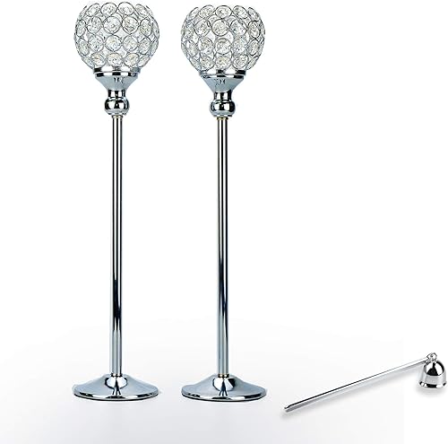 Tall Silver Candle Holders for Table Centerpiece Set of 2 13" + 10" - Bling Candle Holders, Silver Crystal Candle Holders - Includes Candle