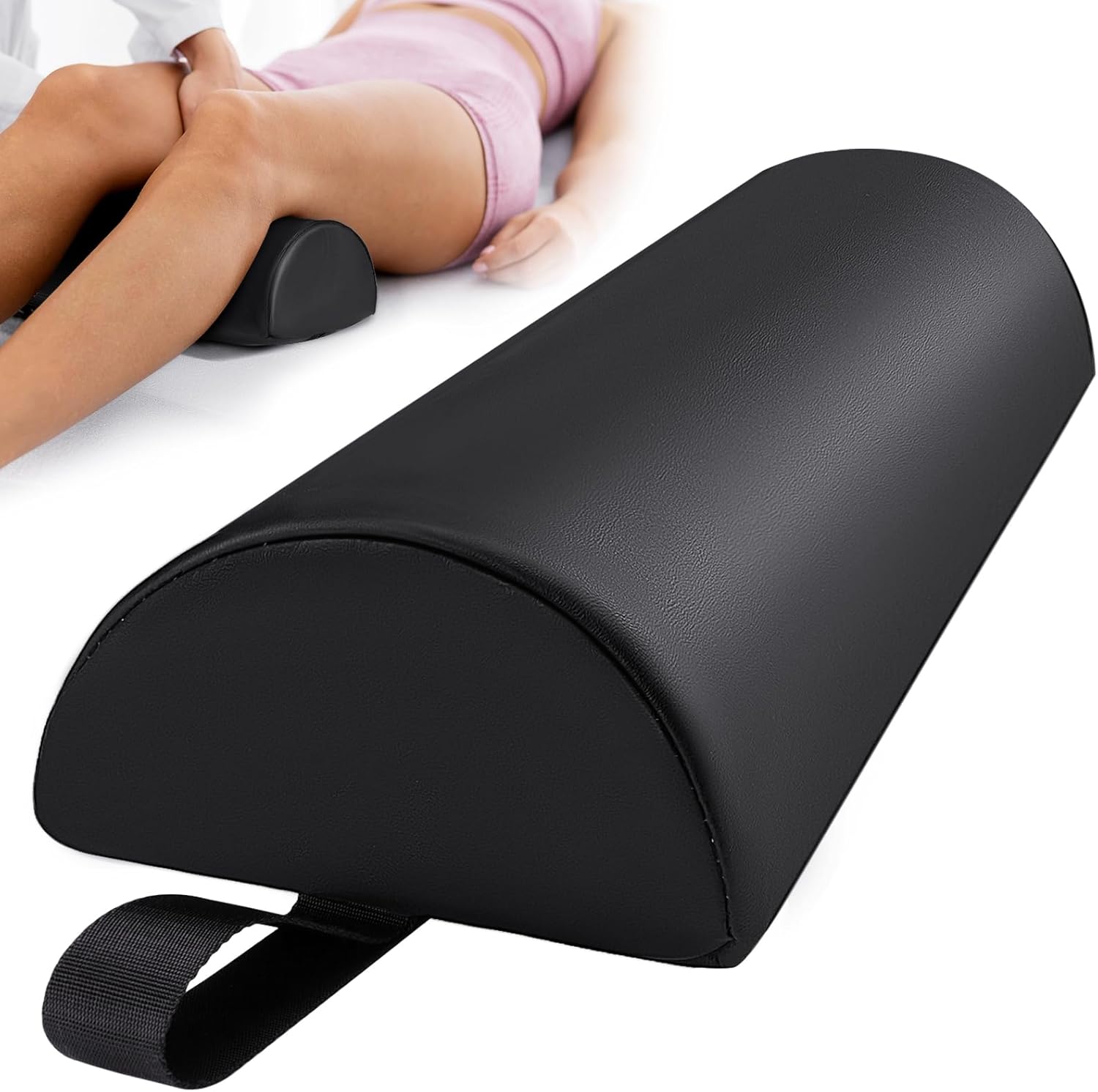 Noverlife Half Round Massage Table Bolster Pillow with Strap Handle, 17 x 6 x 4 in PU Leather Semi-Round Bolster Pillow for Neck, Under Knee Ankles Pain Relief Half Moon Knee Bolster for Massage Table
