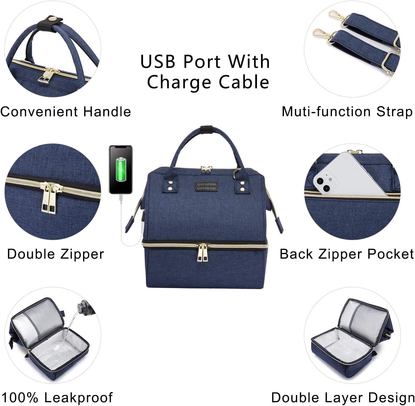 Insulated Lunch Bag Wide-Open Lunch Box Backpack, Water-Resistant Leakproof Lunch Tote Bag for Women and Men, for Work/Picnic/Hiking/Beach/Fishing Navy Blue