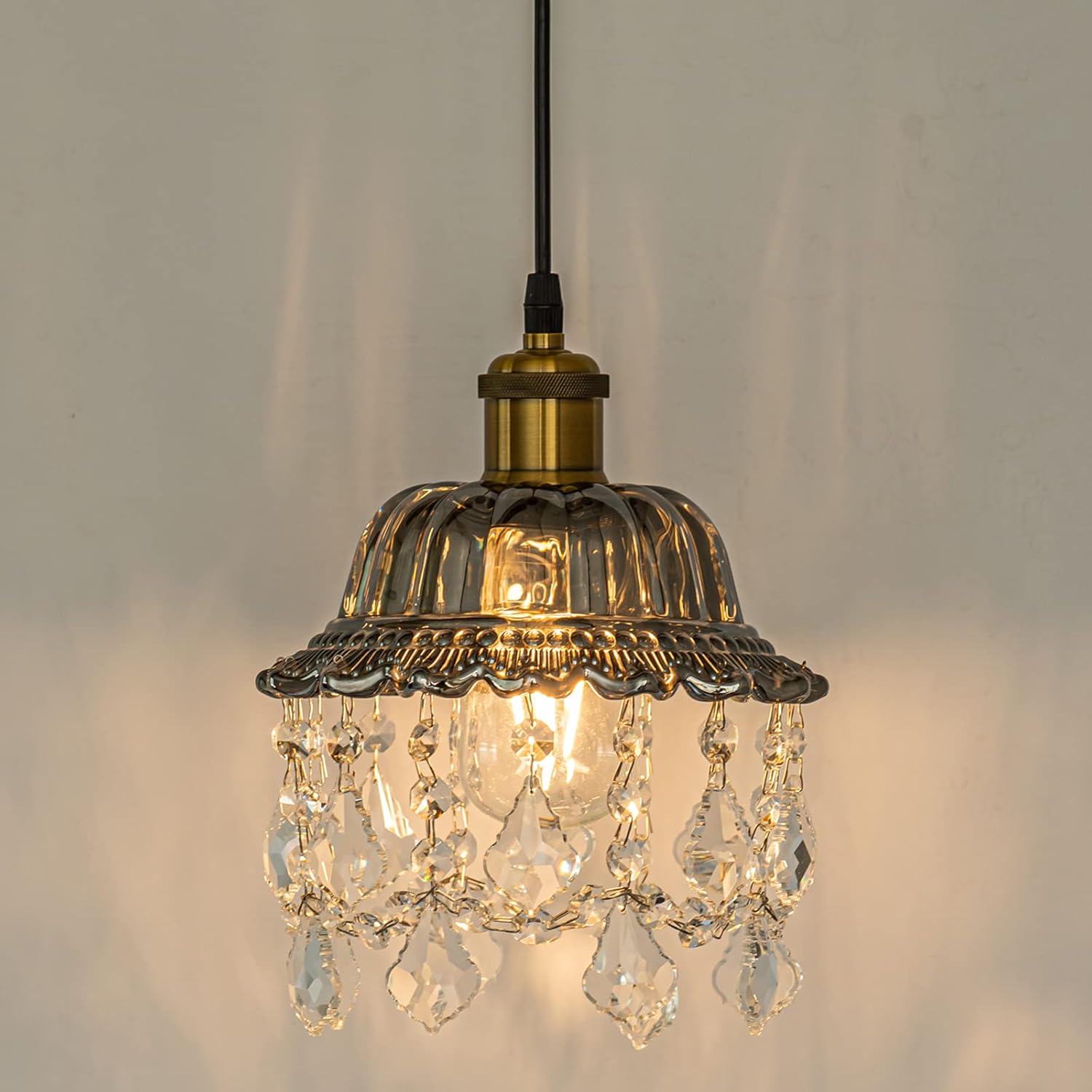 cloylinc Farmhouse Pendant Light 9.84" Modern Crystal Pendant Light Fixture with Gray Glass Shade, Adjustable Hanging Ceiling Light for Kitchen Dining Room Restaurant (E26) - - 