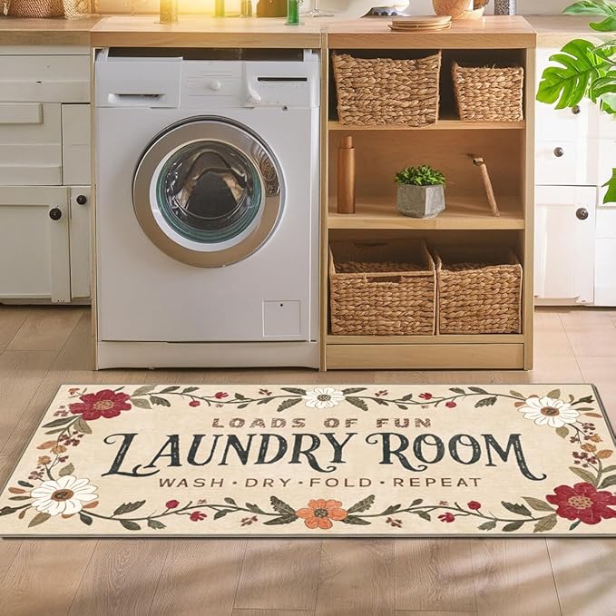 Laundry Room Rug 20"x47" Boho Non-Slip Runner Mat with TPE Backing, Durable & Washable Soft Laundry Rugs, Cushioned Comfortable Floor Mat for Laundry Room Organization, Kitchen Mat Runne...