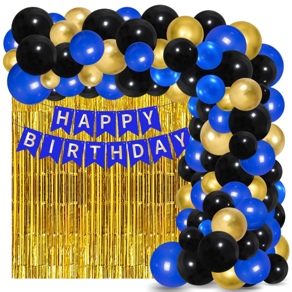 Royal Blue Birthday Decorations for Men Boys 21st 25th 27th 30th 40th 50th 60th Happy Birthday Decorations for Men Blue Gold Black Balloons with Birthday Banner, Fringe Curtains, Blue Gold Balloons