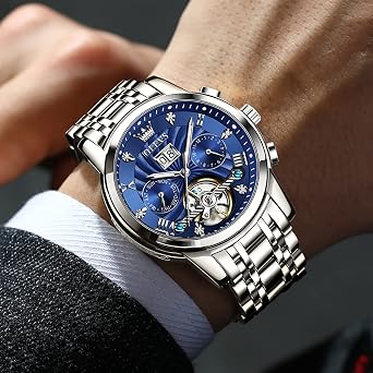 Olevs メンズ腕時計 アナログ クロノグラフ 防水 多機能 ダイヤモンド スポーツ シリコン ストラップ ムーンフェイズ クォーツ ナイトライト メンズウォッチ, シルバー&ブルー。, ストラップ