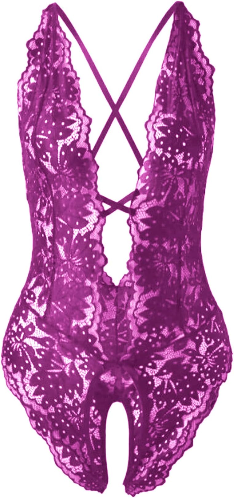 Women Sexy Criss Cross Back Lace Bodysuits Sheer