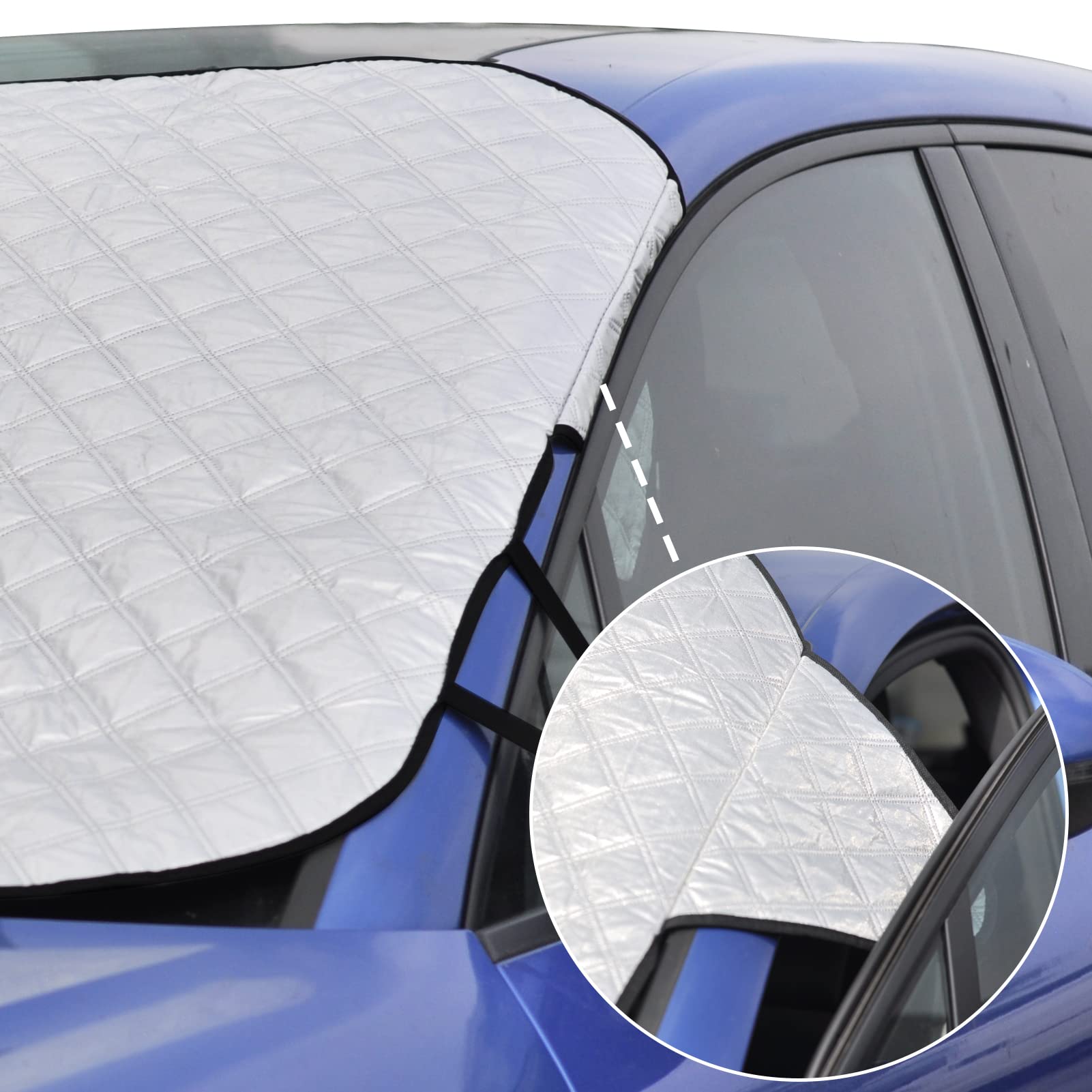 Viedouce Couverture Pare-Brise Voiture, Bâche Pare Brise Voiture Protection Magnétique Couverture, 4 Couches Protege Givre pour Voiture Anti Neige/Soleil/Poussière pour Hiver (183 x 116 Cm)