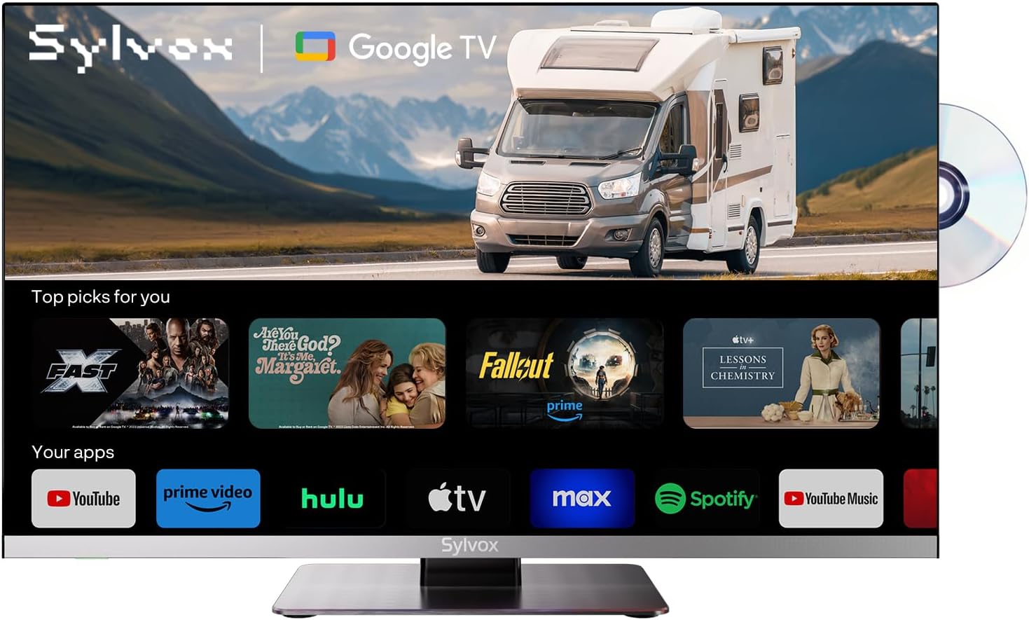 SYLVOX 24 Inch Smart TV with DVD Player, Frameless 1080P FHD, DVB/T2/S2, Hi-Fi Speakers, Small Television with Google Cast, Voice Remote, Bluetooth WiFi, 12V TVs for Motorhomes, Home, Caravans
