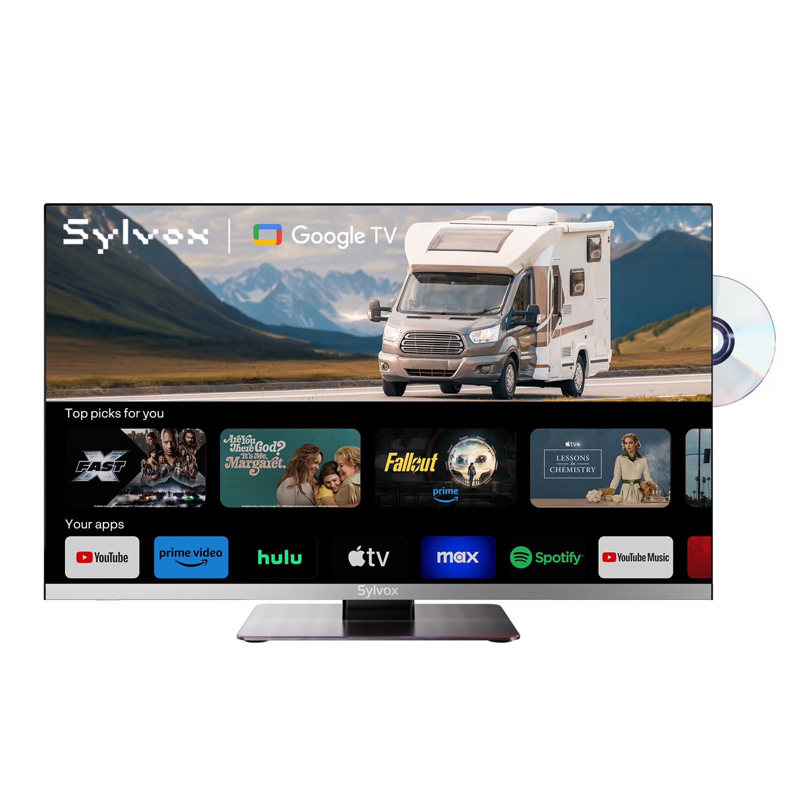SYLVOX 24" (60 cm) Google TV Smart do Kamperów - 1080p, Wbudowany Odtwarzacz DVD, Bezramkowy, Adapter telewizyjny 12 V, Potrójny Tuner DVB-T2/S2, USB, HDMI, Idealny do Autokarów/Ciężarowych