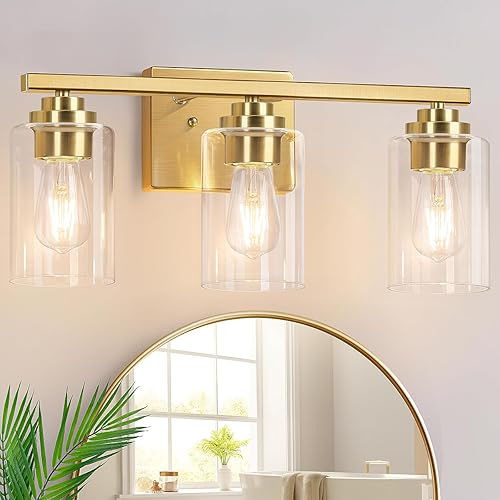 Lámparas de baño de 3 luces, 19 pulgadas, modernas luces de tocador sobre espejo con pantallas de vidrio transparente, accesorio de luz dorada,