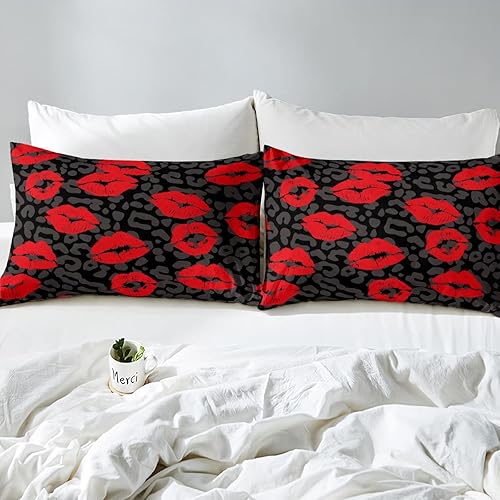 Miniatura 2 de Castle Fairy Juego de sábanas de 4 piezas con estampado de leopardo, ropa de cama romántica de labios rojos, sábana bajera moderna con bolsillo