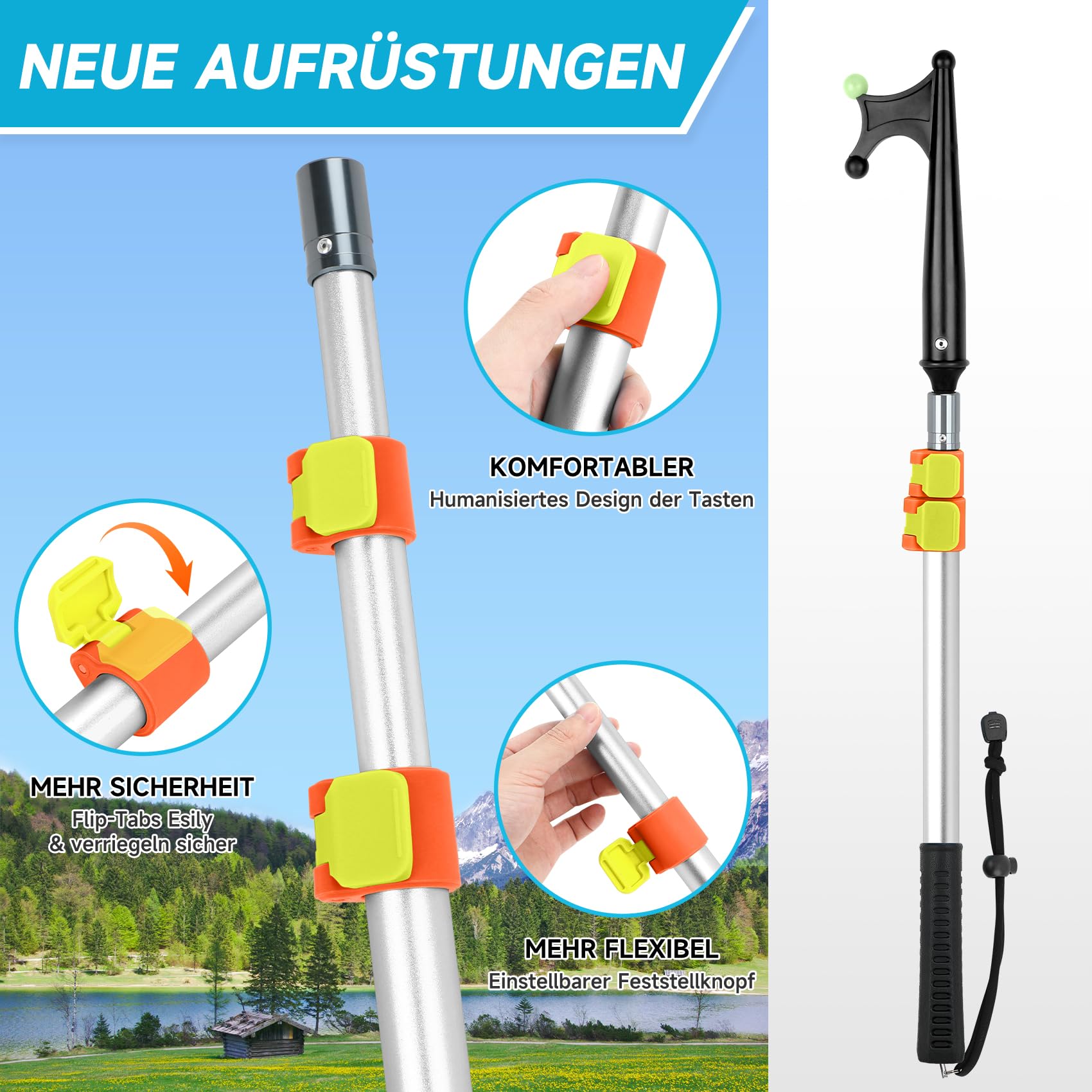 KOMCLUB Gancio telescopico per barca, in alluminio, design luminoso, resistente alla ruggine, durevole, forte, asta di spinta da indossare (argento, 240 cm)