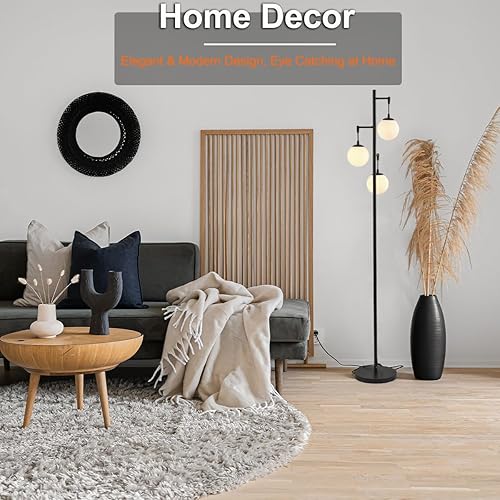 Miniatura 3 de Fiqevs Modernas lámparas de pie negras para sala de estar, lámpara de pie de globo de cristal con 3 elegantes cabezas de lágrima y bombillas LED de