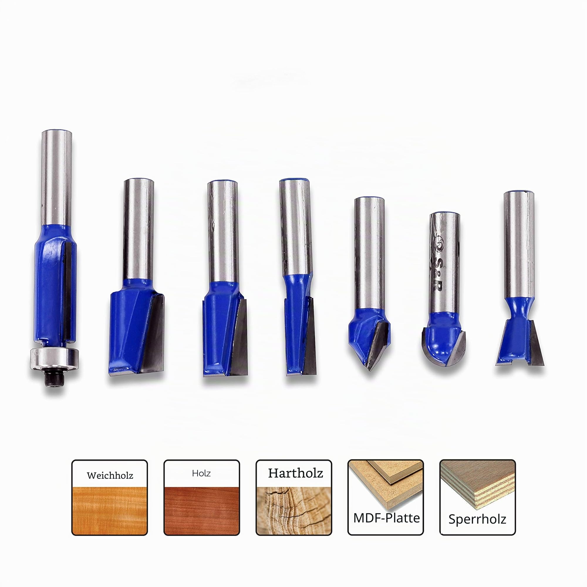 S&R Hochleistungs Fräser-Set 12-tlg, Holzfräser in Industrie-Qualität für hartes und weiches Holz mit Holzkoffer, Fräser-Bit Satz, Schaft 8mm, gehärtete Wolframkarbid Hartmetall-Schneiden, YG8