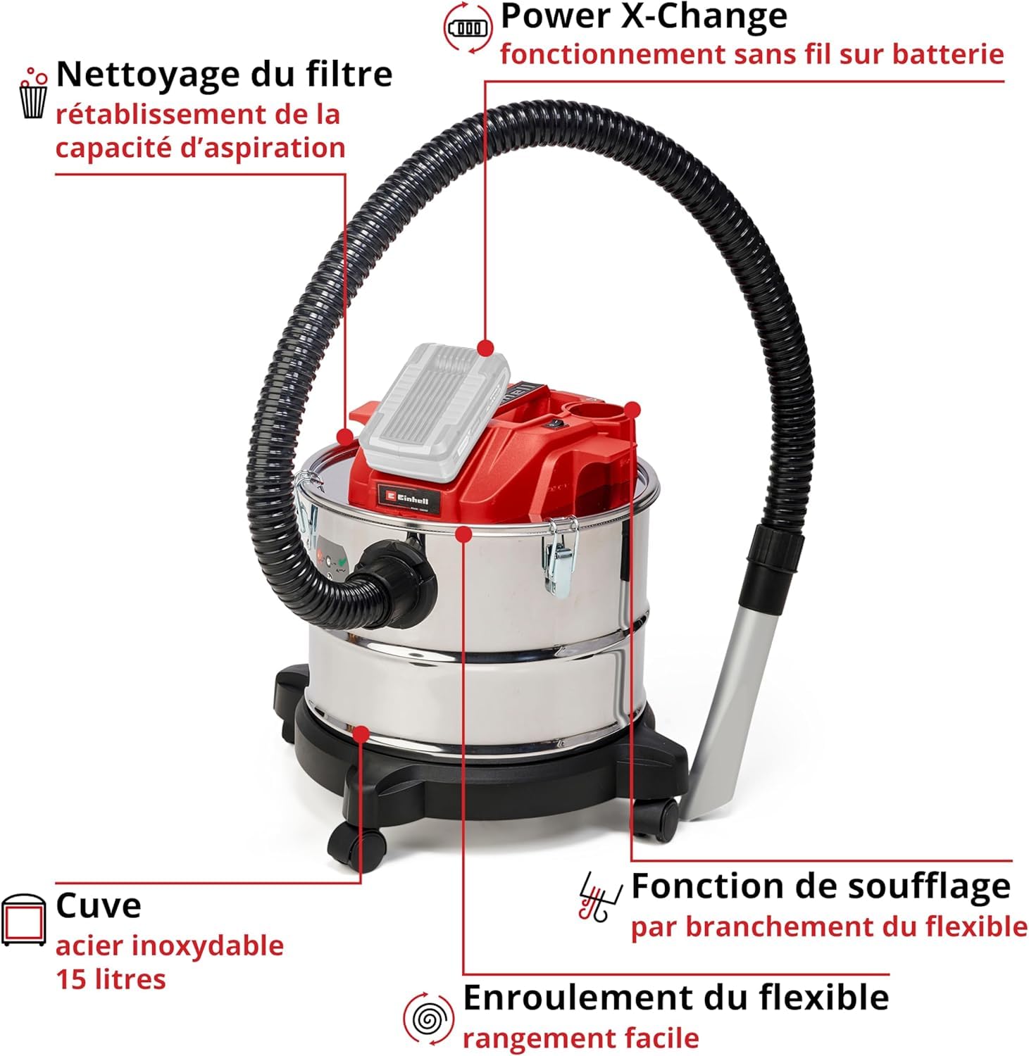 Einhell Aspirateur de Cendres sans Fil Te-AV 18/15 Li C-Solo | PXC | 18 V | 100 mbar | cuve 15 L | système de nettoyage du filtre | fonction soufflerie | sans batterie