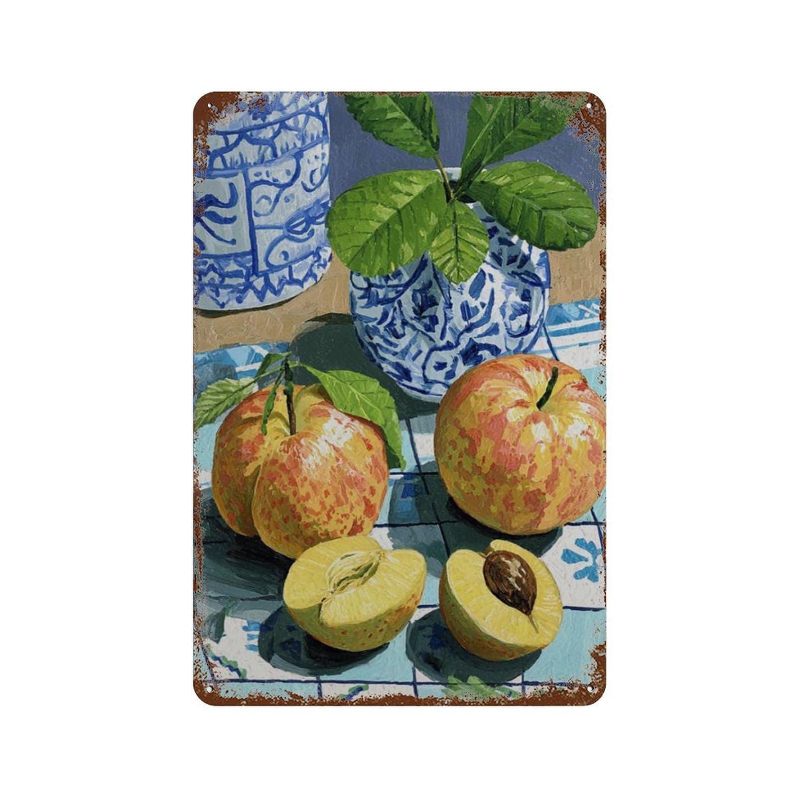 xiaoxiaoshen Peaches And Plums Still Life Mediterranean Ceramic Bowl Fruit Colourful Kitchen Wall Decor Art Metal Tin Poster Modern Home Decor Art Home Bar Shop Decorations Vintage Sign 30x20cm